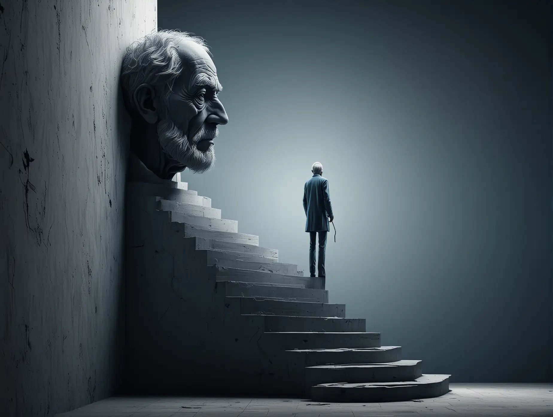 Create a digital artwork featuring a sculptural silhouette of an old man’s head with an open mind revealing stairs inside. A lone figure is seen ascending the stairs, symbolizing personal growth. The scene is set against a stark black background with minimalistic design elements. Illuminate the piece with a blue-white gradient lighting for a surreal effect. Ensure the artwork is in sharp focus, with a surreal, ethereal atmosphere.