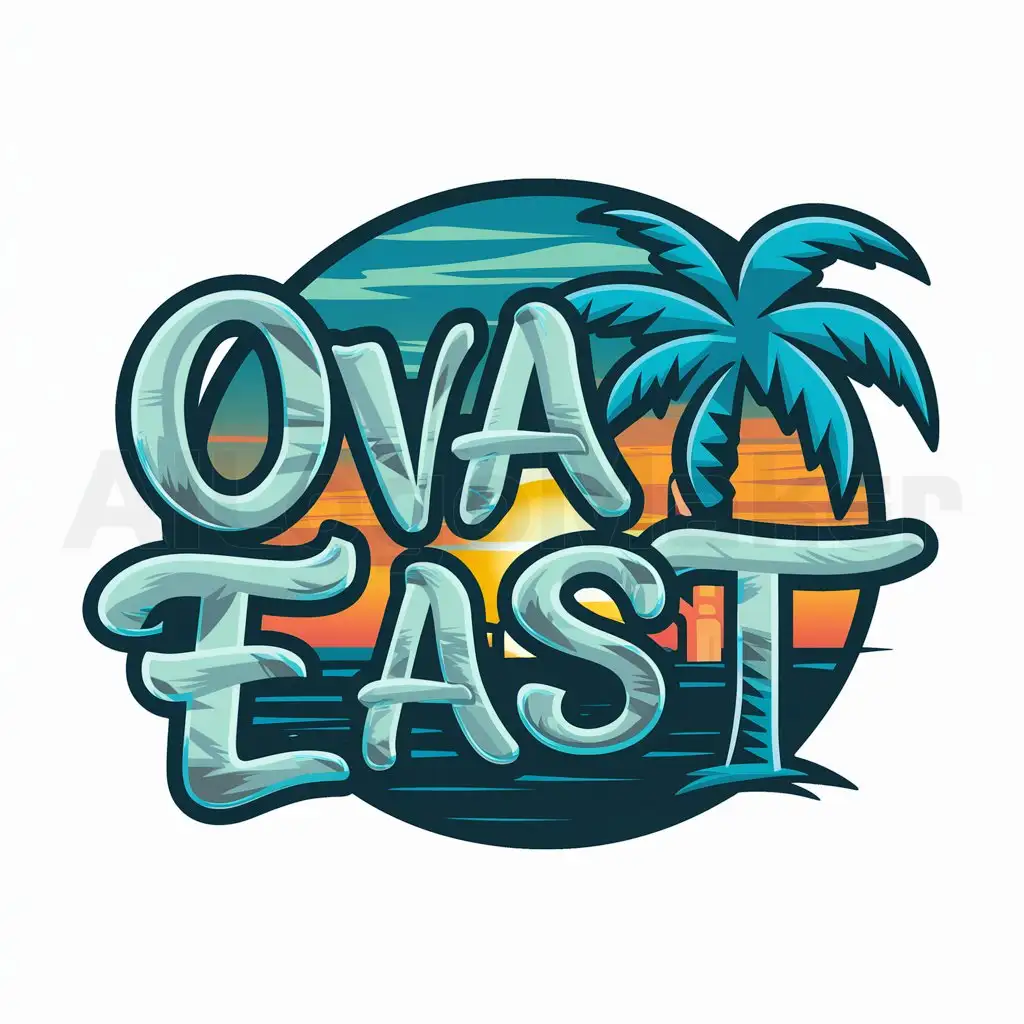 a logo design,with the text "Ova East", main symbol:palm tree text should say Ova East blue and teal color matching sunset background and more classic font graffiti style roleplay colorful text,Moderate,clear background