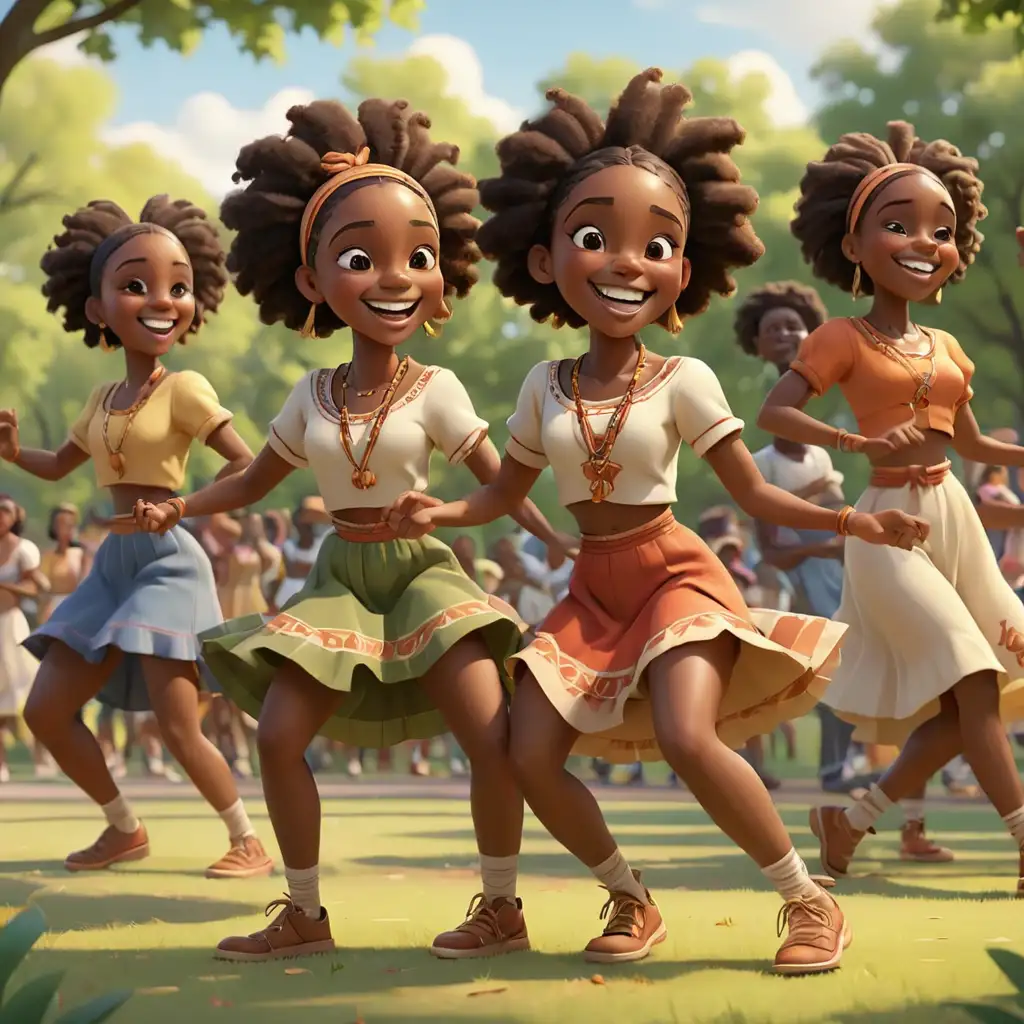 defined 3D cartoon-style African American teens doing a traditional dance in the park smiling
