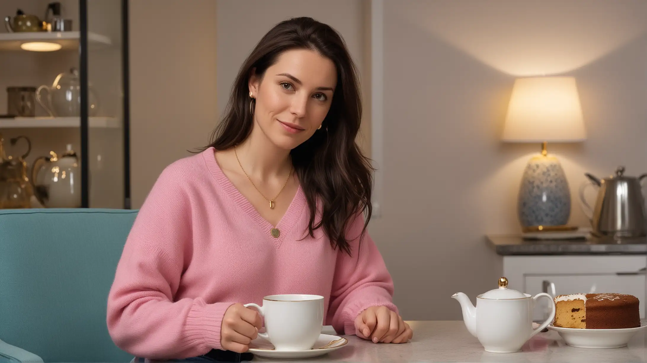 In a small kitchen at night, 33 year old pale relaxed white woman with long dark brown hair parted to the right sitting in a chair, wearing a pink sweater, blue jeans, and gold necklace. There is exactly one mug of tea and white teapot on the table. Night urban dense high rise background.