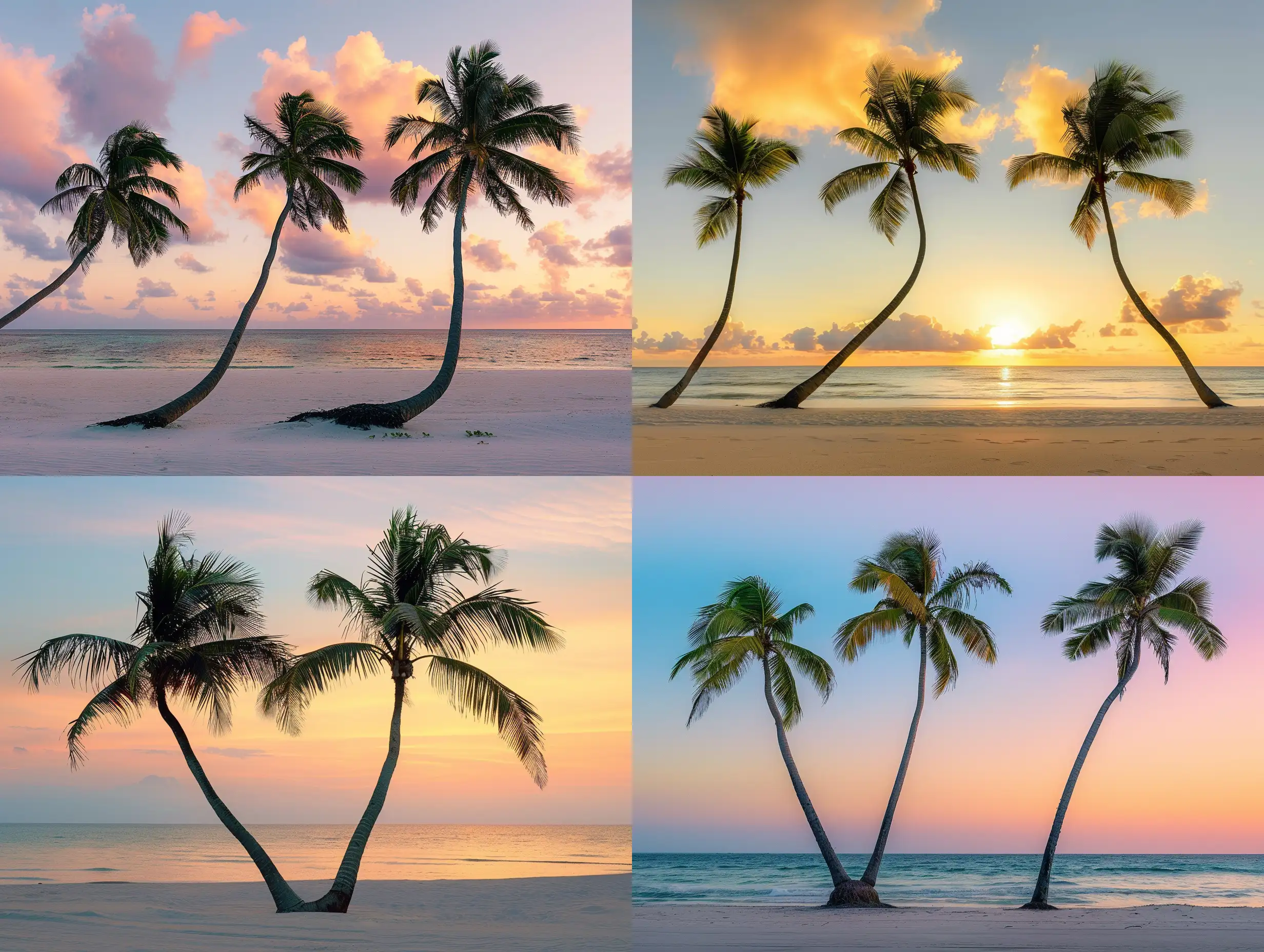 3 straight palm trees with one very bent palm tree on tropical beach at Golden hour, sunset, stunning photography, masterpiece
