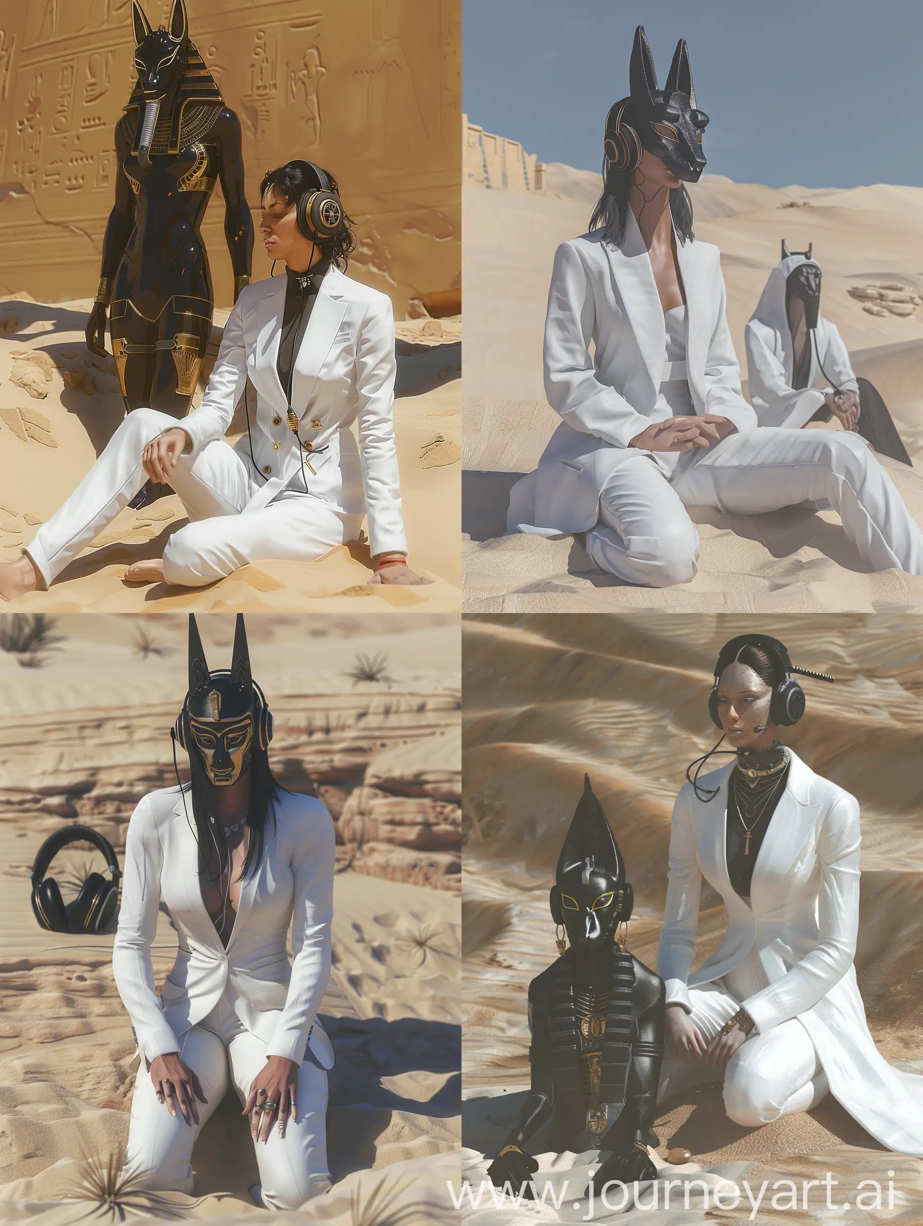a woman in a white suit and Anubis mask, Nyarlathotep sitting on the sand with headphones, a hybrid mix of beeple styles, beeple daily art, beeple artwork, beeple and Jeremy Ketner, beeple art, artgem and beeple masterpiece, three-dimensional rendering of beeple