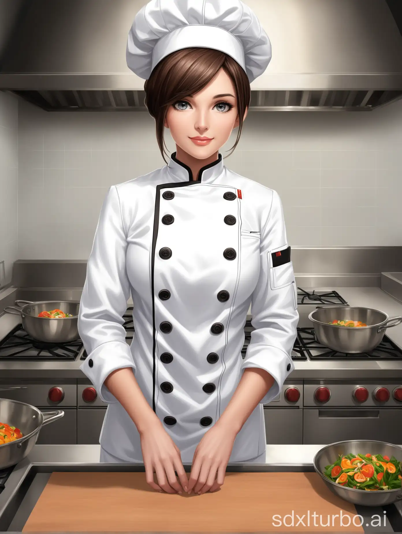 A young woman is exuding confidence and professional spirit. Her hairstyle is elegant, with a gentle smile on her lips, wearing a clean white chef's jacket, standing there composedly. The double-breasted buttons add a classic touch to her attire, symbolizing culinary expertise. With her hands gently resting on her waist, looking directly at the camera, she emits an approachable and friendly air, complementing her authority in the professional kitchen.