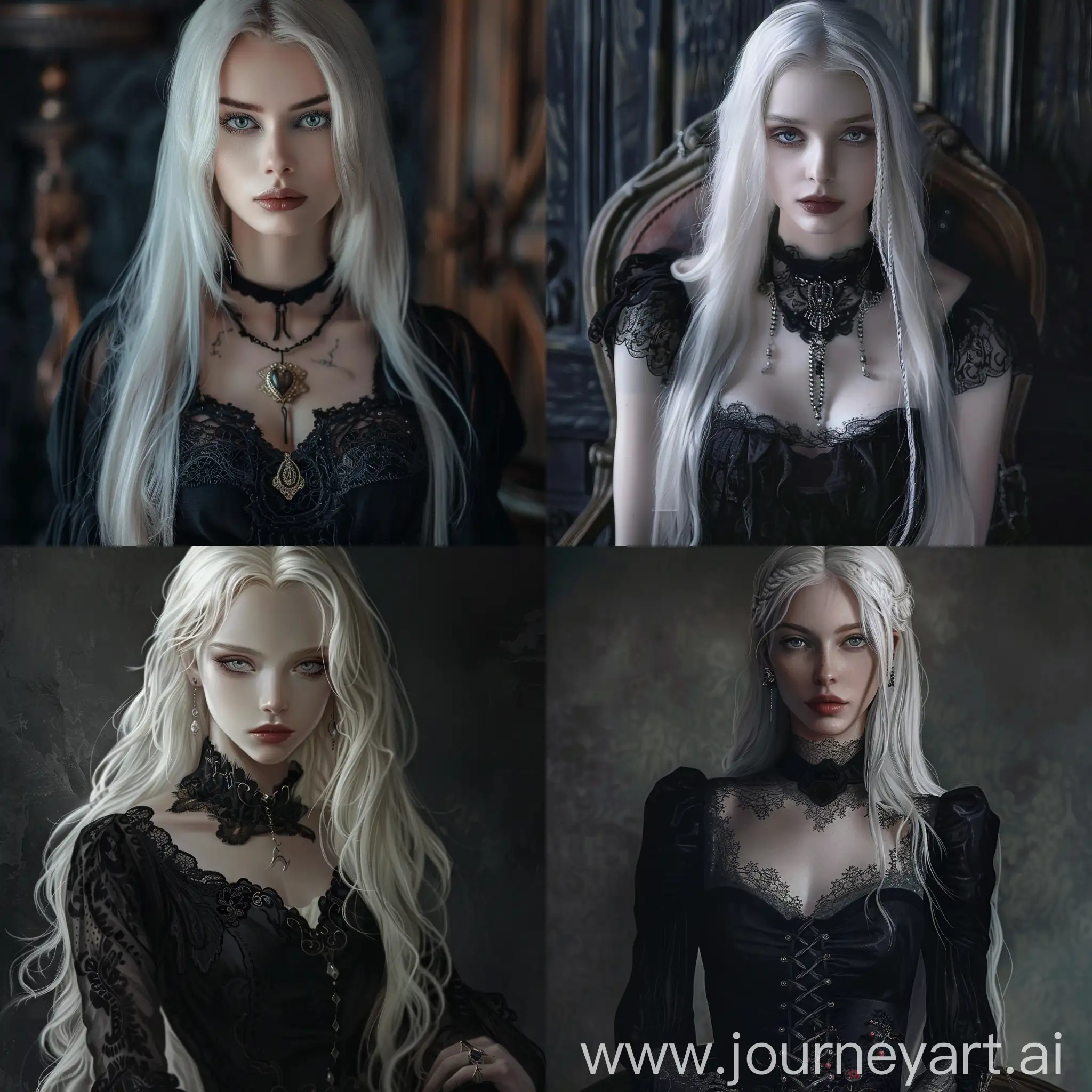 Woman: 25 years old: average height: toned build: broad shoulders: ample breasts: fair skin: indigo eyes: long straight white hair. She wears black dresses with embroidery, lace or leather. She prefers to wear rings on his fingers. The voice is calm, velvety. The character is calm, domineering, wise.