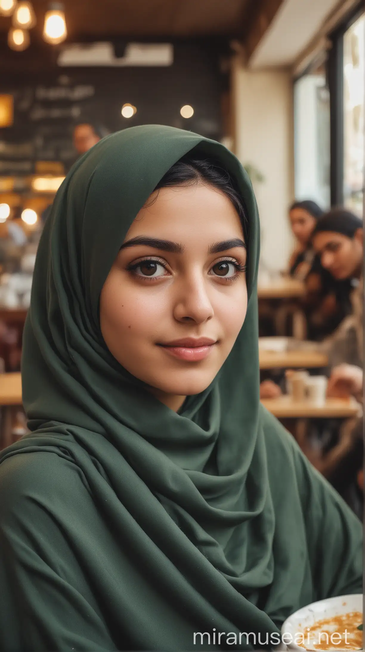 Iranian Girl Wearing Hijab Enjoys Tea at Cozy Cafe