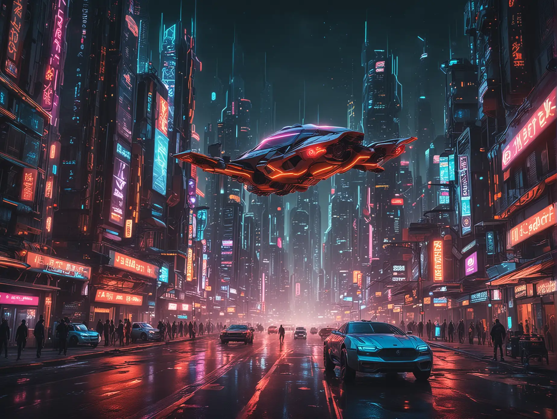 Theme: Sci-fi city, Style: Futuristic, Scene: High-tech city, flying cars, skyscrapers, Characters: Robots, Future humans, Actions: Walking, Flying, Color scheme: Neon lights, cool colors, Time: Night, Visual effects: Light tracking, Dynamic blur, Music: Electronic music