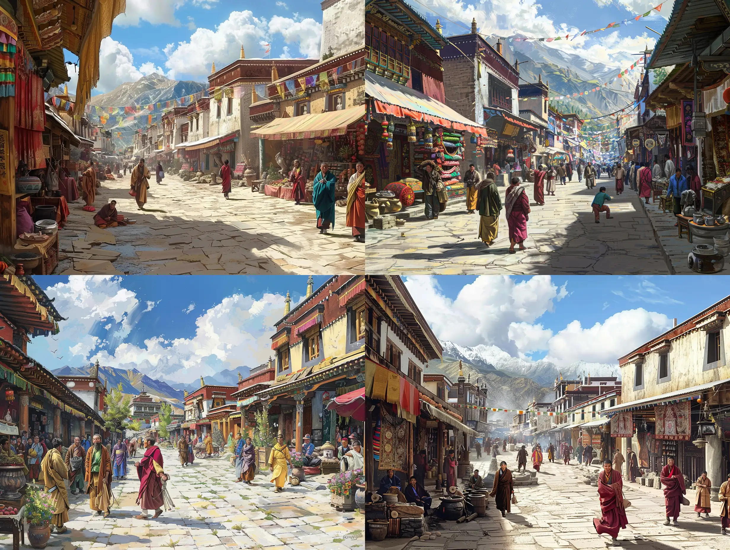 热闹的藏族街道，斜着的视角，写实
