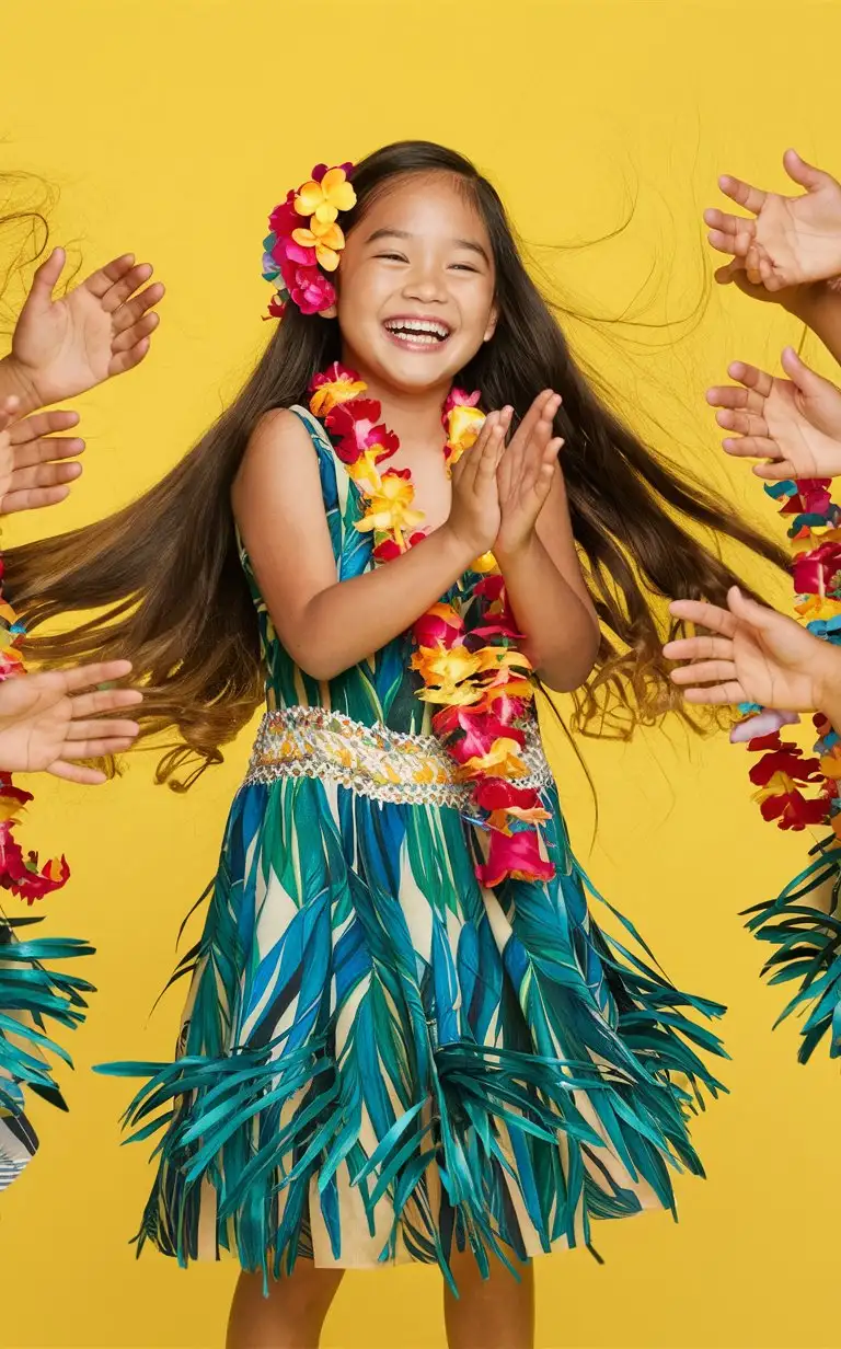 girl in hawaiian costume, joy, on yellow background