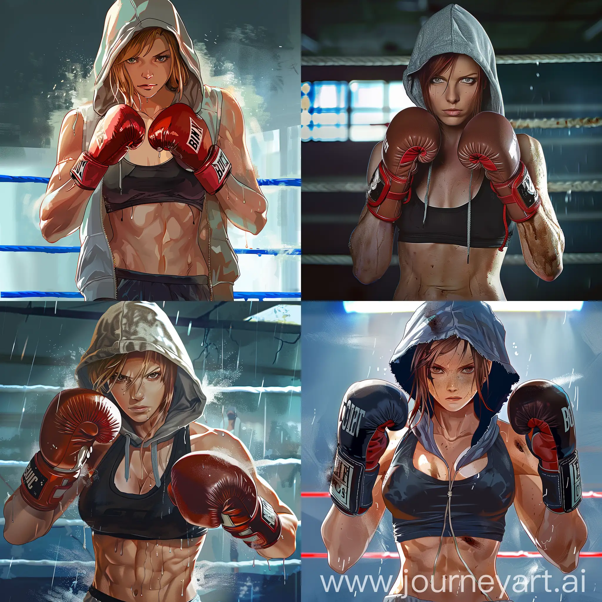 Handsome woman, sleeveles hoodie, abs, muscular, boxer, boxing gloves, sweating