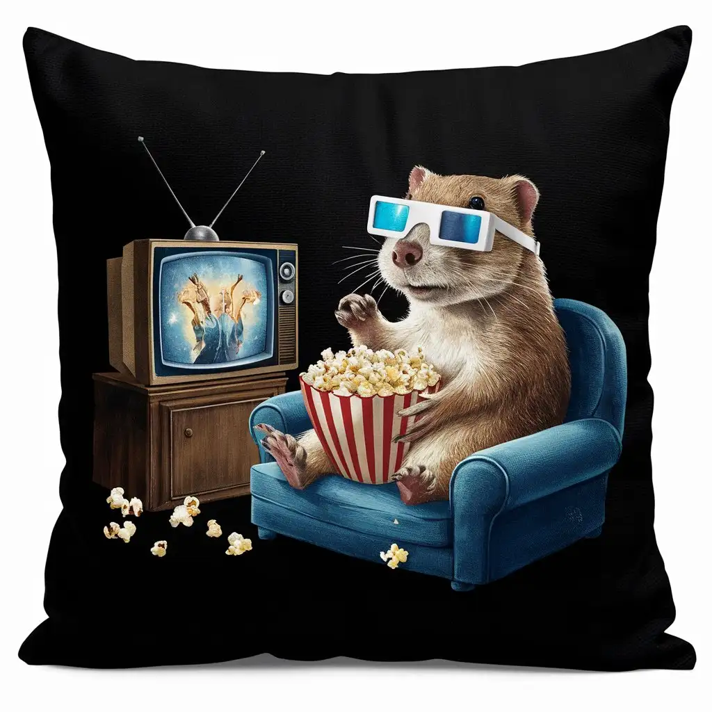 generate an image of a prairie dog watching a movie in 3d glasses with popcorn, black background