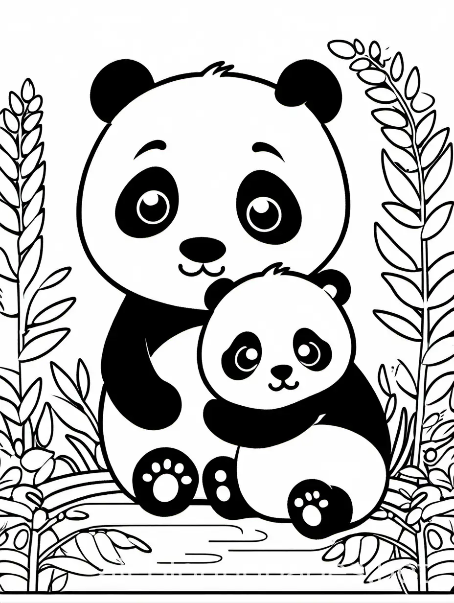 cute Panda Cub with his baby for kids easy for coloring, Coloring Page, black and white, line art, white background, Simplicity, Ample White Space. The background of the coloring page is plain white to make it easy for young children to color within the lines. The outlines of all the subjects are easy to distinguish, making it simple for kids to color without too much difficulty, Coloring Page, black and white, line art, white background, Simplicity, Ample White Space. The background of the coloring page is plain white to make it easy for young children to color within the lines. The outlines of all the subjects are easy to distinguish, making it simple for kids to color without too much difficulty