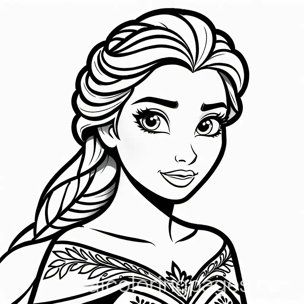 elsa, Coloring Page, black and white, line art, white background, Simplicity, Ample White Space. The background of the coloring page is plain white to make it easy for young children to color within the lines. The outlines of all the subjects are easy to distinguish, making it simple for kids to color without too much difficulty
