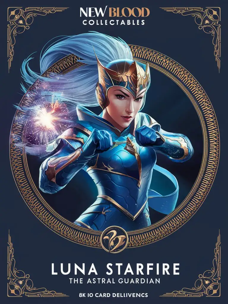  "Design a 8k business card with bold title: 'New Blood Collectables' featuring 'Luna Starfire, the Astral Guardian' the "Astral" with an detailed 8k illustration, detailed borderStats:Strength: 7/10Speed: 9/1