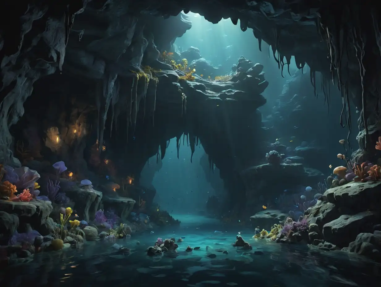 a dark and eerie underwater cave, 3d disney inspire