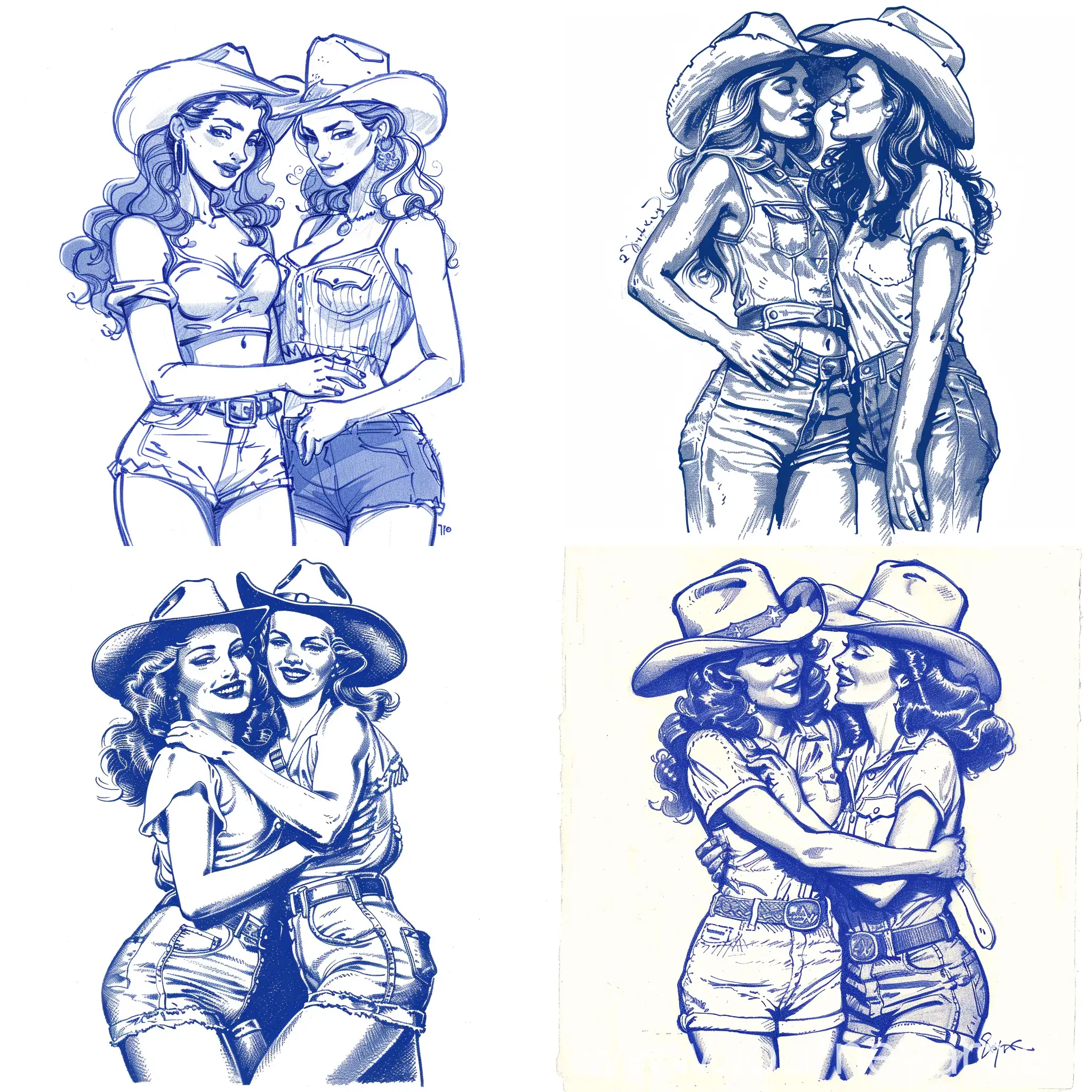 hand-drawn sketch features two women in a vintage pin-up style. They are depicted sitting close together, with their arms around each other in a warm, friendly embrace. Both women are dressed in cowboy-inspired outfits, including sleeveless shirts, short shorts, and cowboy hats. The woman on the left has long wavy hair and is wearing a hat tilted slightly back. The woman on the right has similar wavy hair and is also wearing a cowboy hat. Their outfits and hairstyles evoke a mid-20th-century aesthetic, characterized by a nostalgic and idealized portrayal. hand-drawn, blue ink sketch of assertive cowgirls in a vintage pin-up embrace, exuding mid-20th-century charm against a pristine white background. 