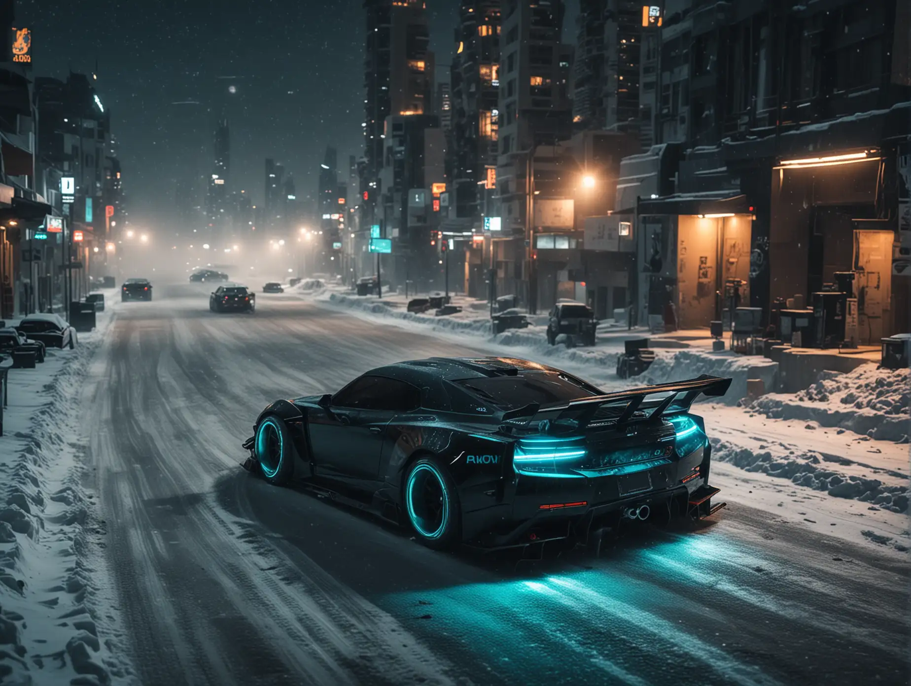 Create  futuristic  drifting Japanese cars evil tuning type, Downhill in the city of dubai in snow, rear view from high far away,  car color dark black, dark aquamarine  car lights.