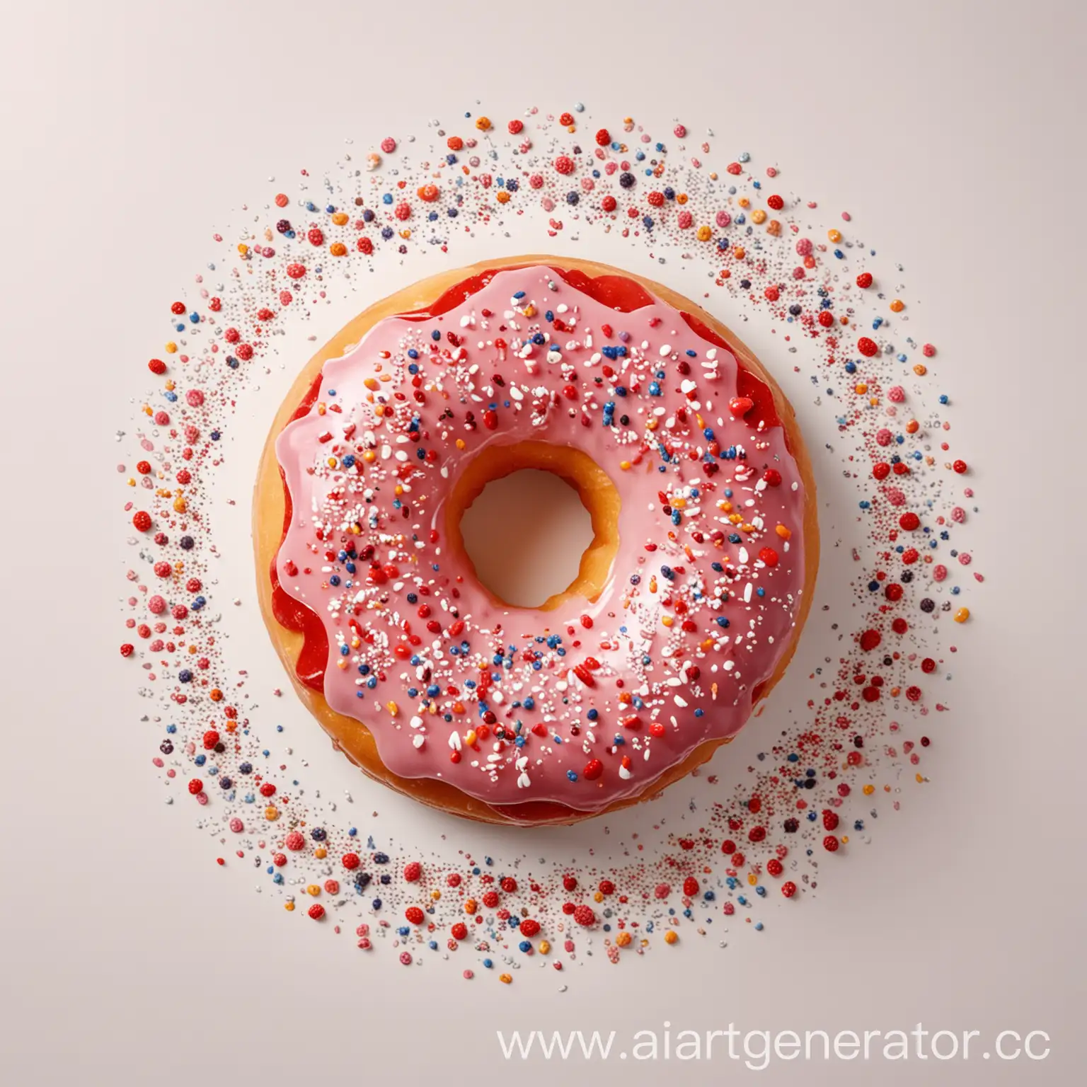 Make a picture with a strawberry donut background in a white shade, uniform white background , without unnecessary details , studio photo, make it delicious, with syrup, colorful crumbs on top