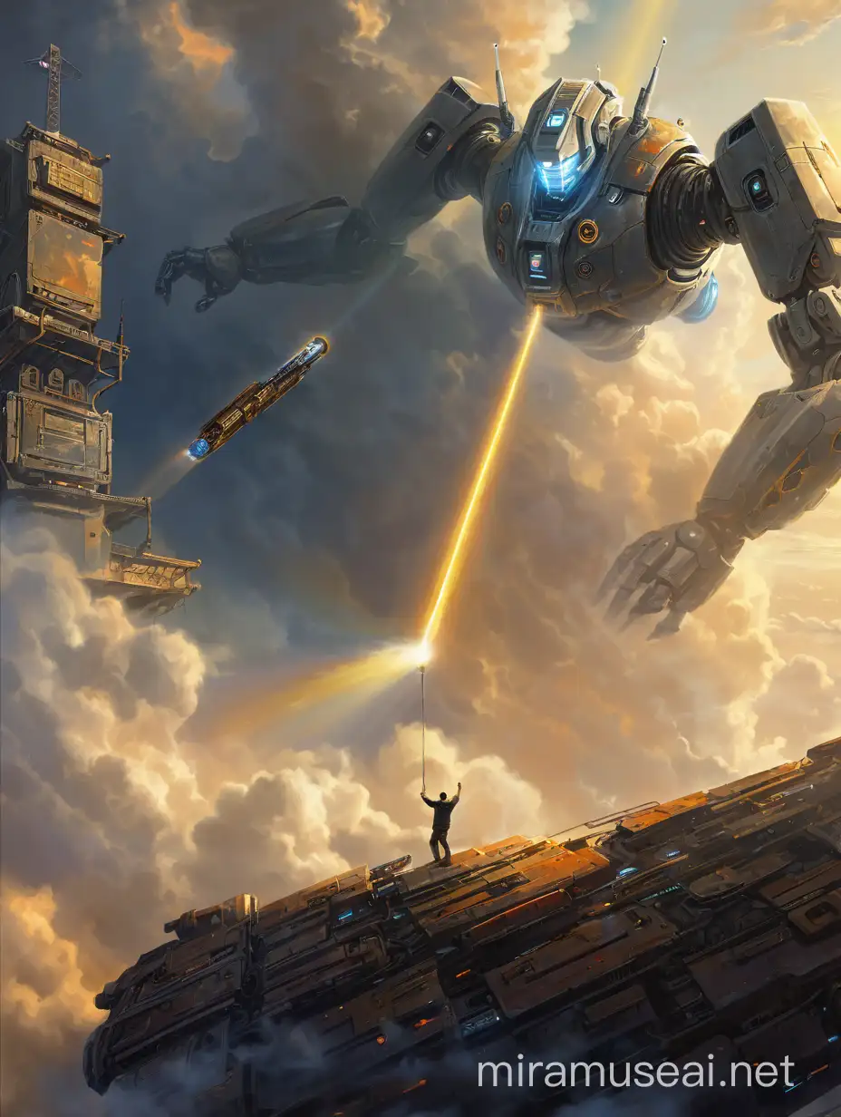 Highly detailed painting, a man floats in mid air suspended by an energy beam, the energy beam emitted from the mouth of a huge robot, clouds and must swirl around the robot, use muted colors only, high quality