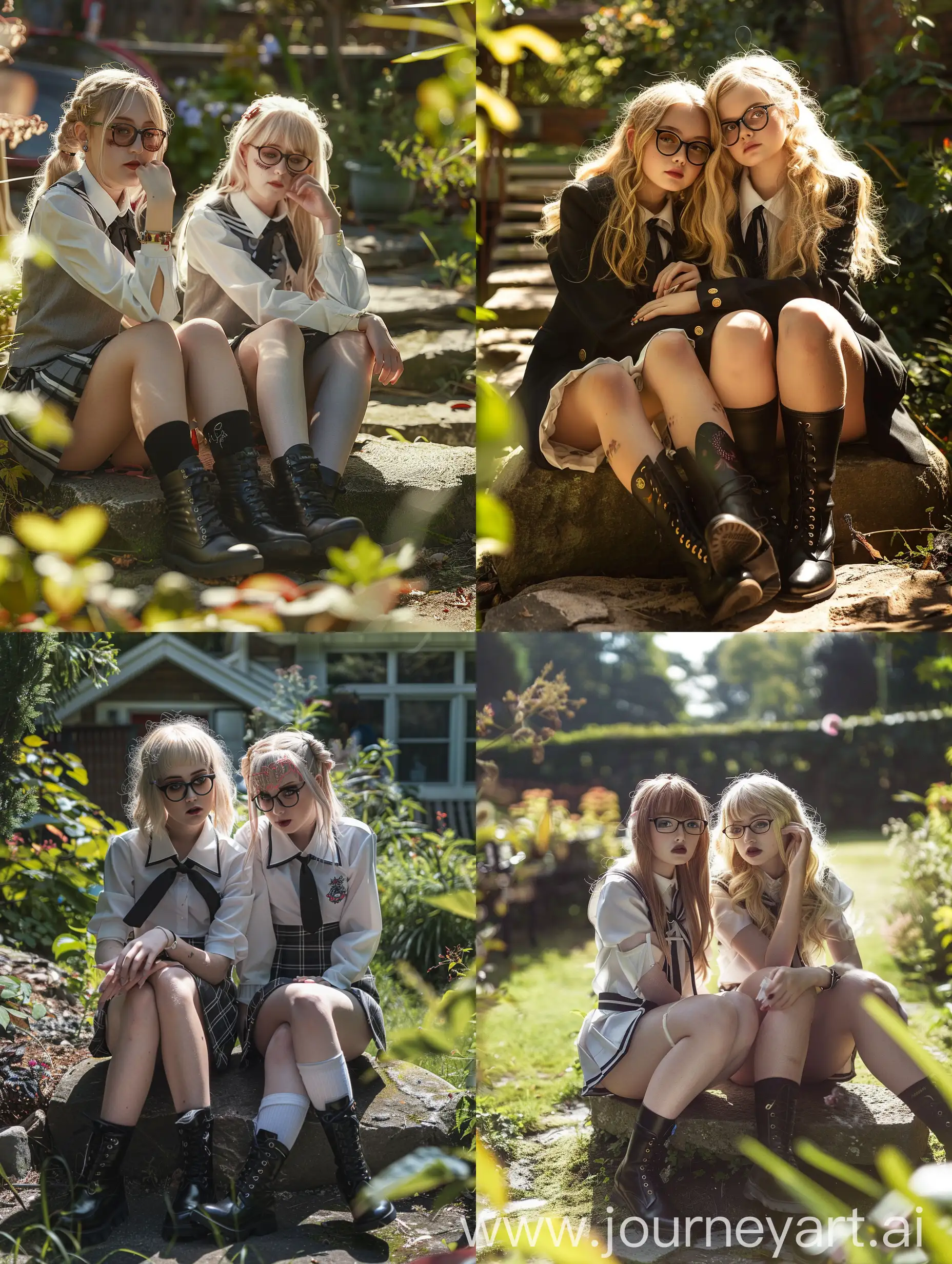 2  girls, sitting on stone, 19 years old, blonde hair,  school uniform,  makeup black boots, sunny day, garden,  , makeup, , glasses, up knee, down view