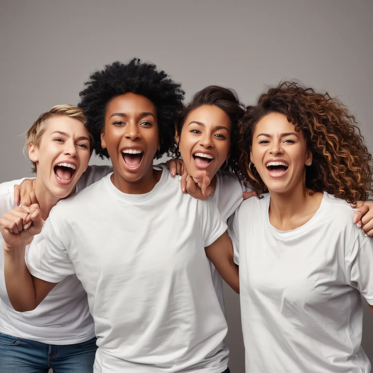 Group of black and white Adult friends excited wearing plain t shirts