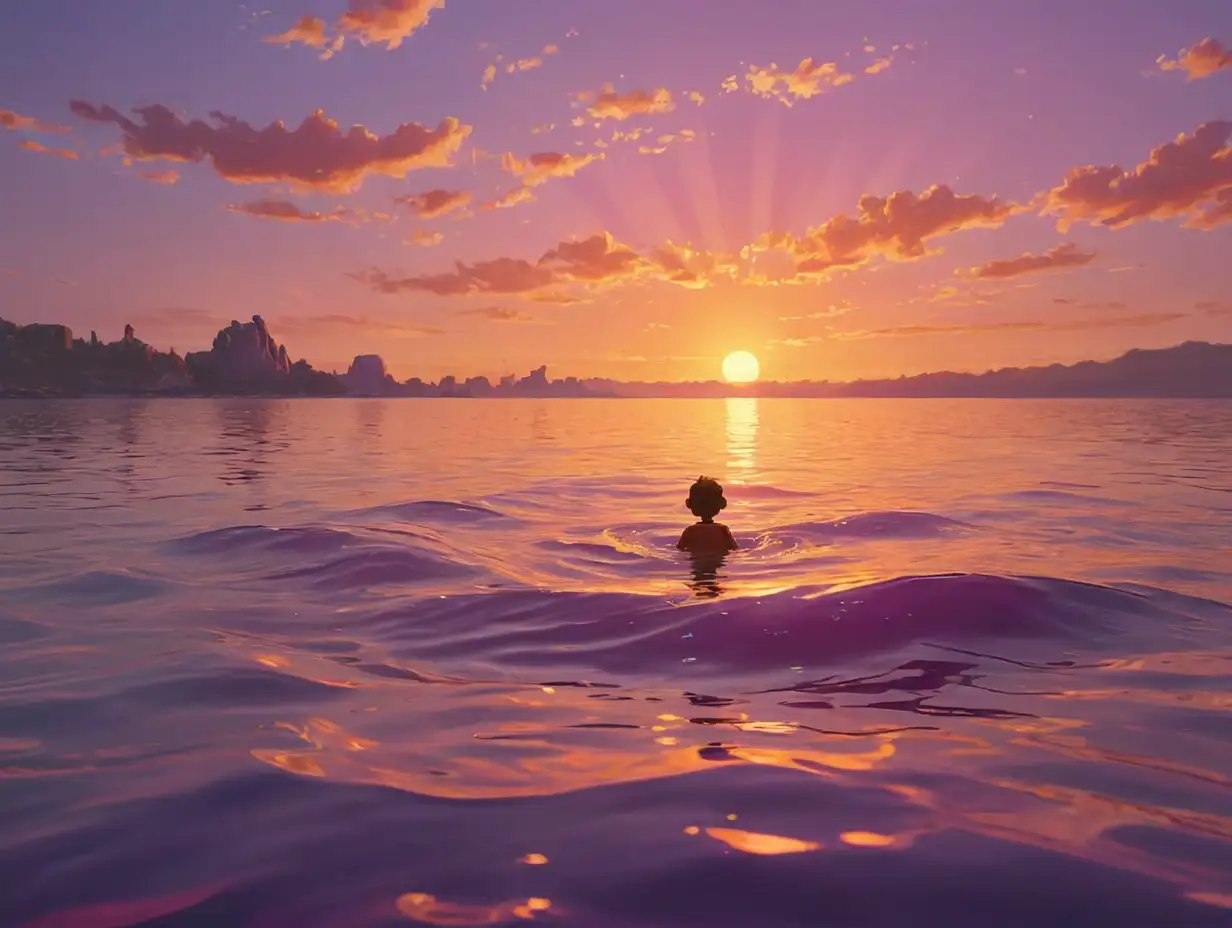 Wally to the surface, where they could see the sun setting on the horizon. The sky was painted in brilliant shades of orange, pink, and purple, and the water reflected the beautiful colors, 3d disney inspire