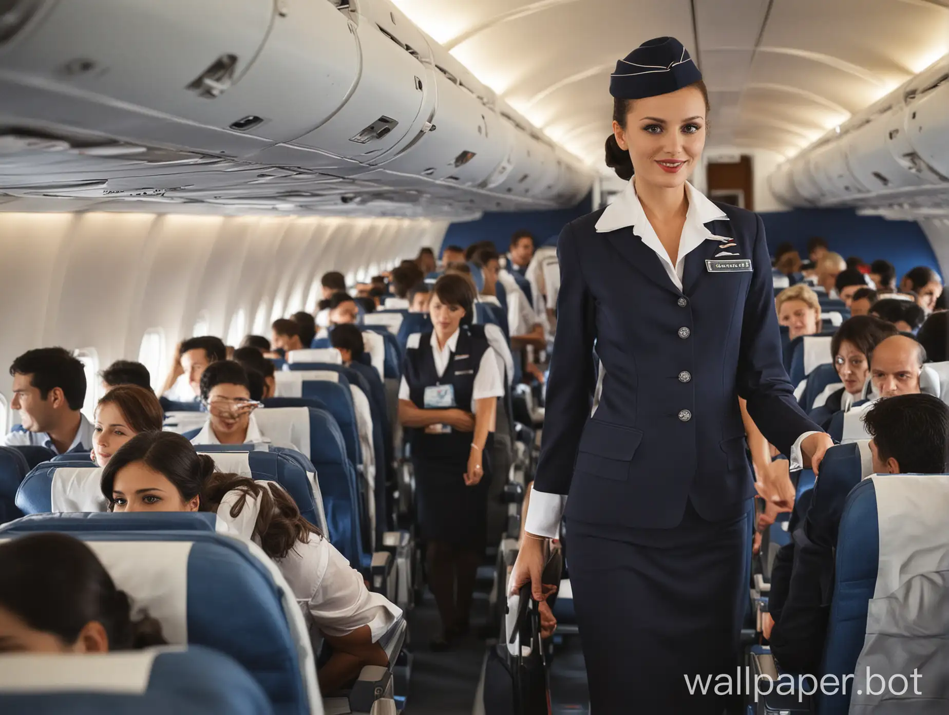Air hostess attending to the needs of passengers on a flight.