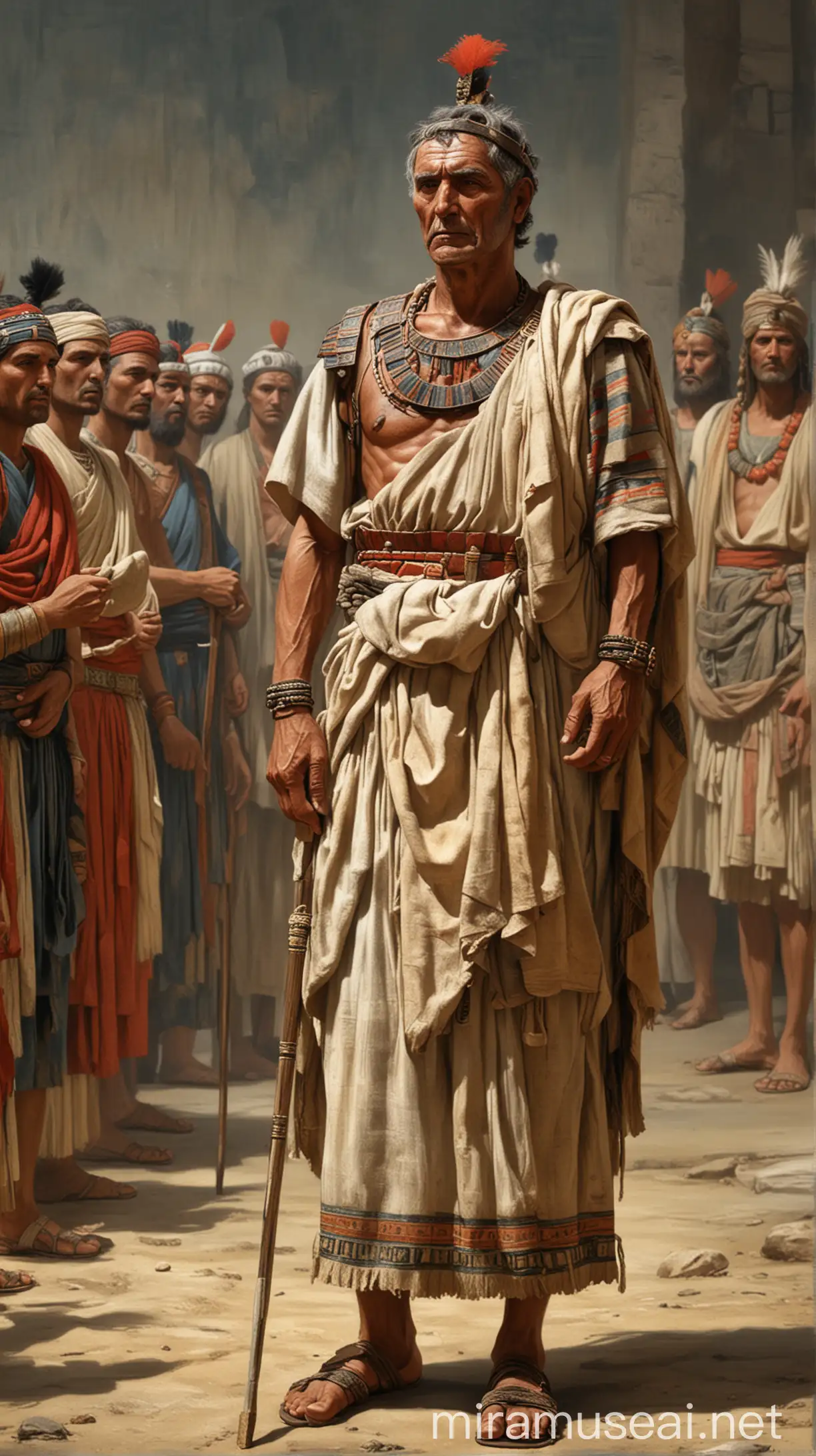 A solemn 5th-century BC leader named Nebai, whose name means 'fruitful,' standing among other leaders in ancient attire, with a determined expression, preparing to sign an important agreement.In ancient world 