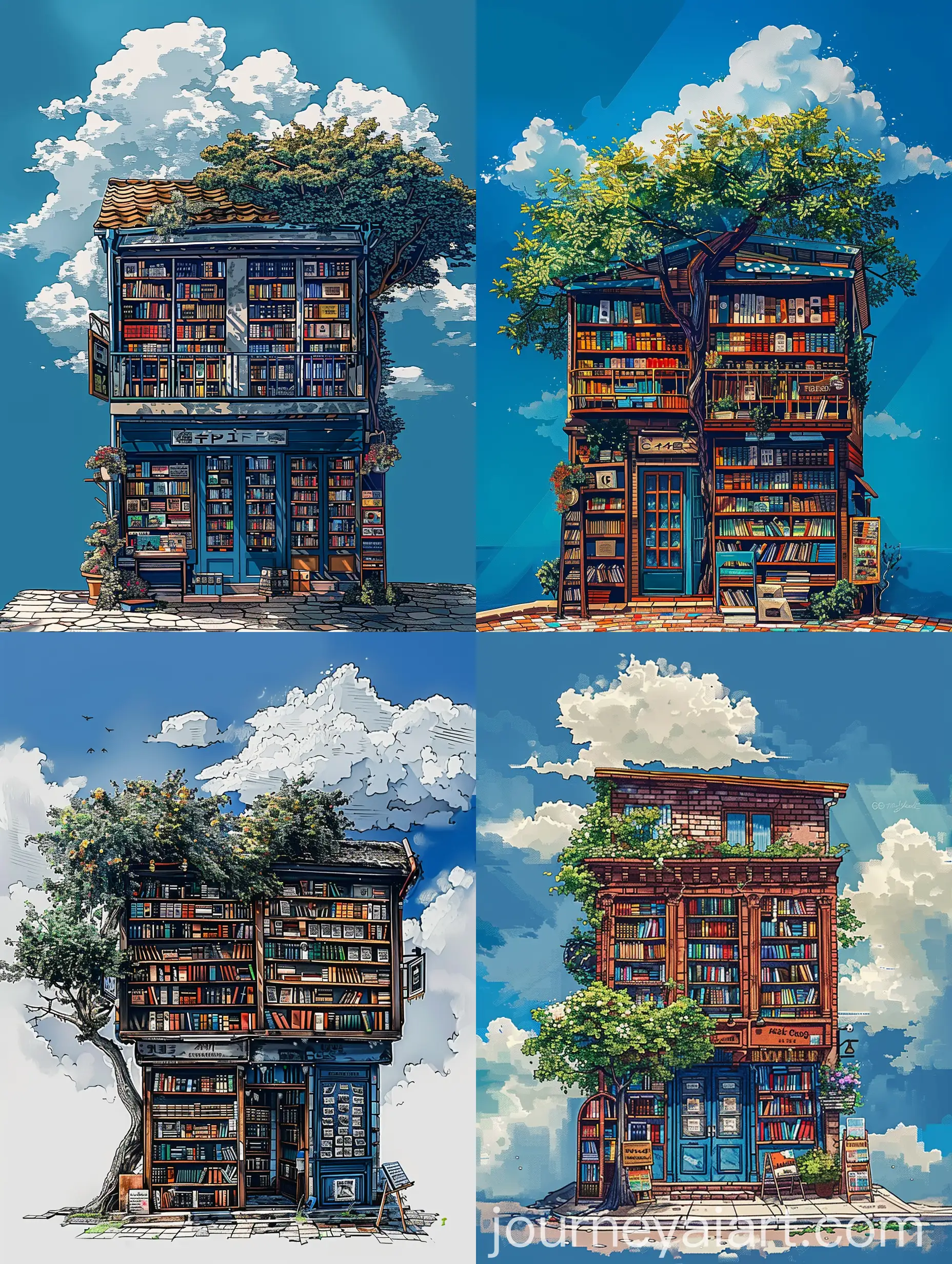 Realistic-Double-Story-Bookshop-with-Tree-and-Clouds-Digital-Drawing