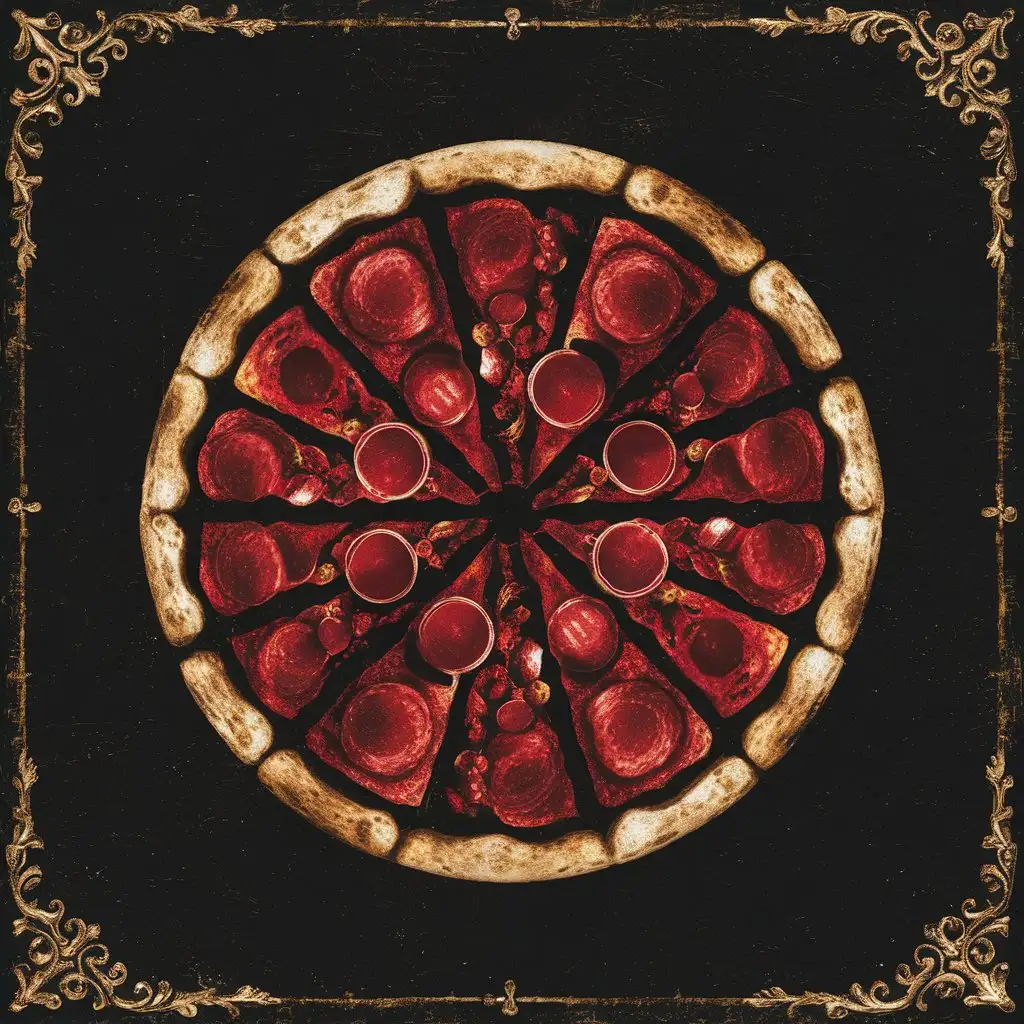 Antique Pizza Template with Red Decoration on Black Background