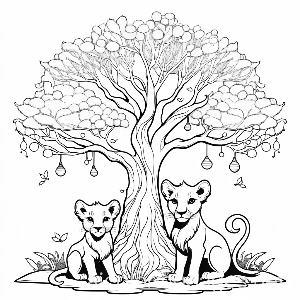 Baby-Lion-and-Baby-Vixen-with-Magical-Tree-Coloring-Page