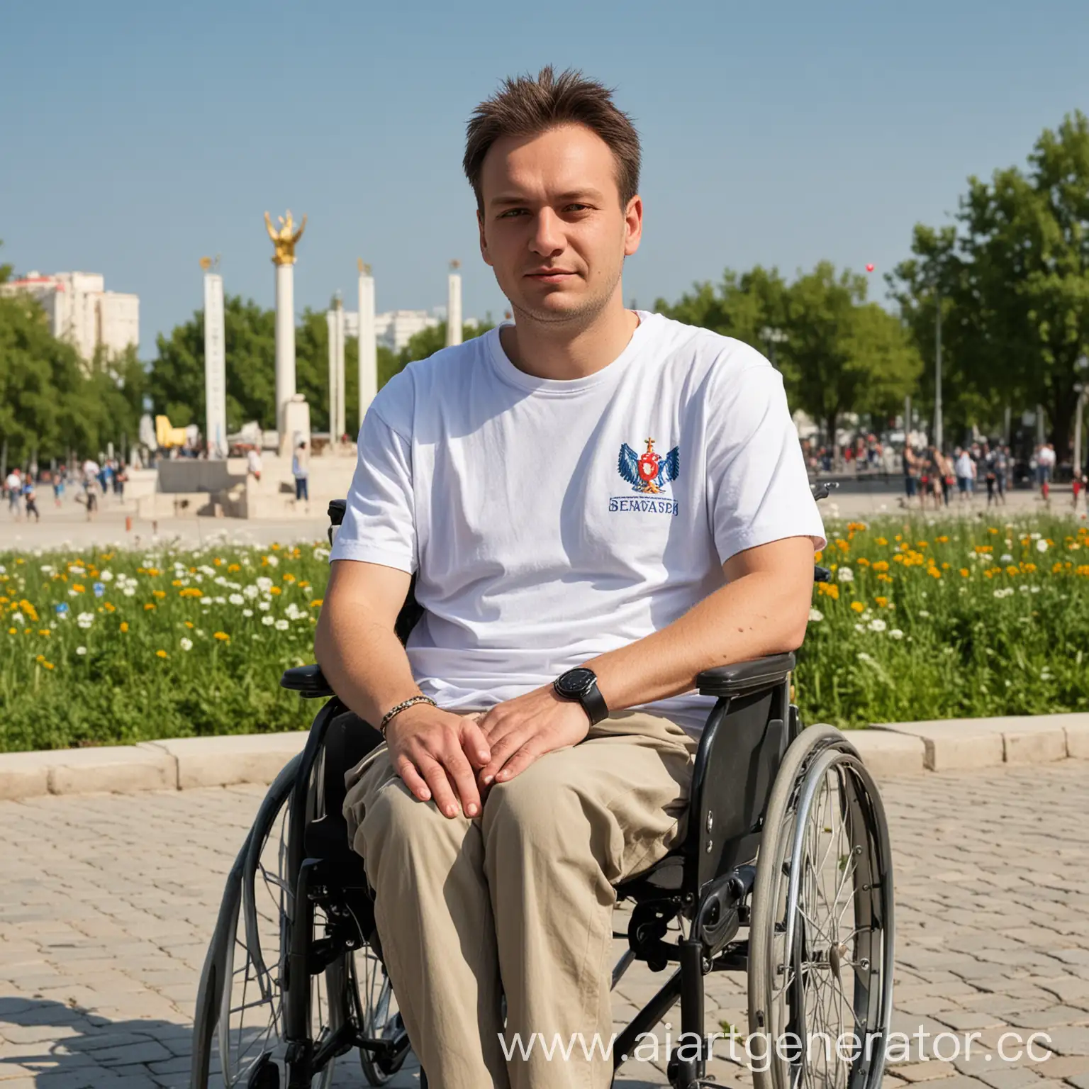 The picture shows a man in a wheelchair wearing a white T-shirt. On the background of Sevastopol Victory Park.