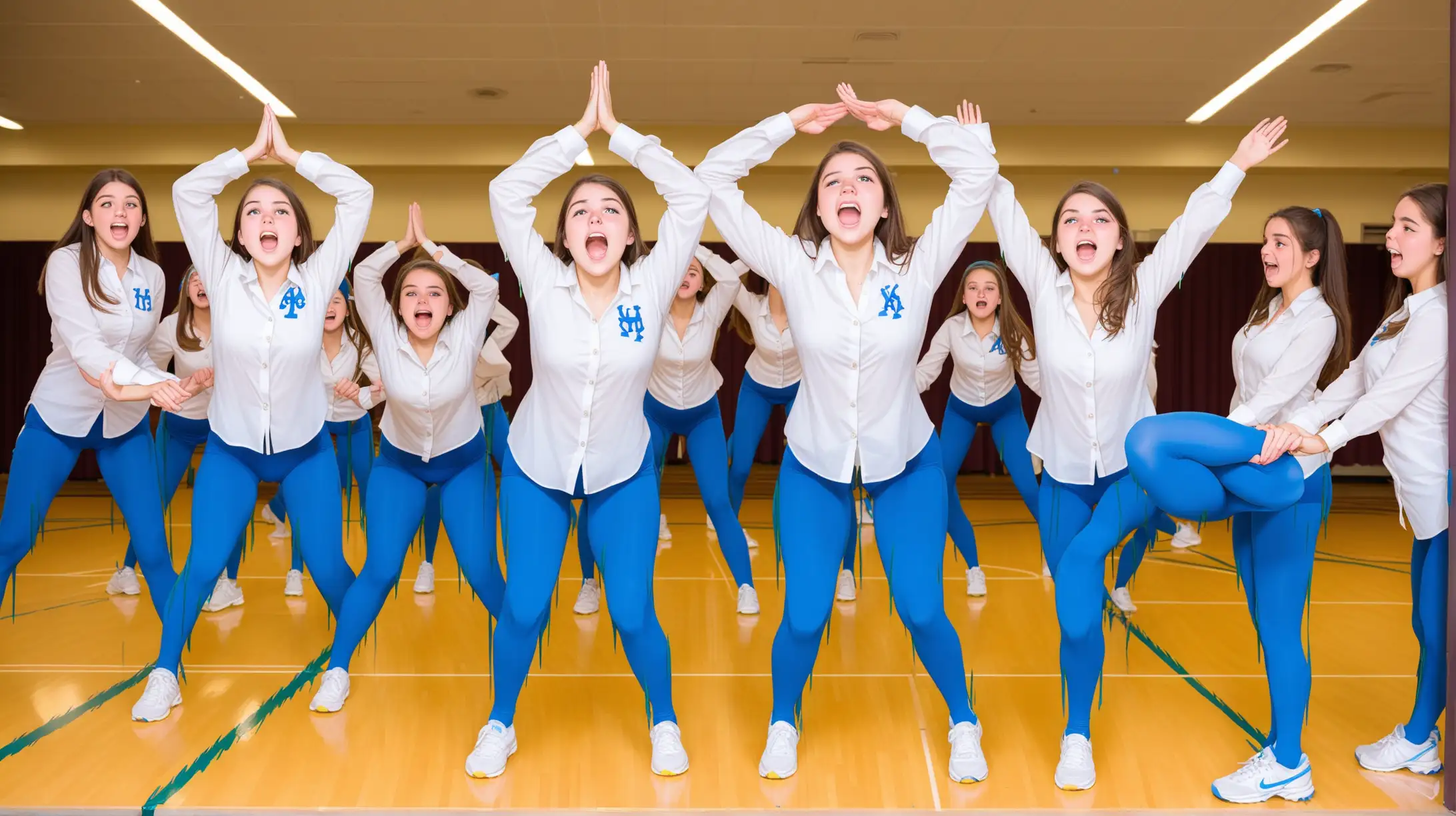 College Age Women, Sorority Hazing, all wearing white stretch button down shirts, blue tights, perform Overhead squats as part of their hazing ritual.