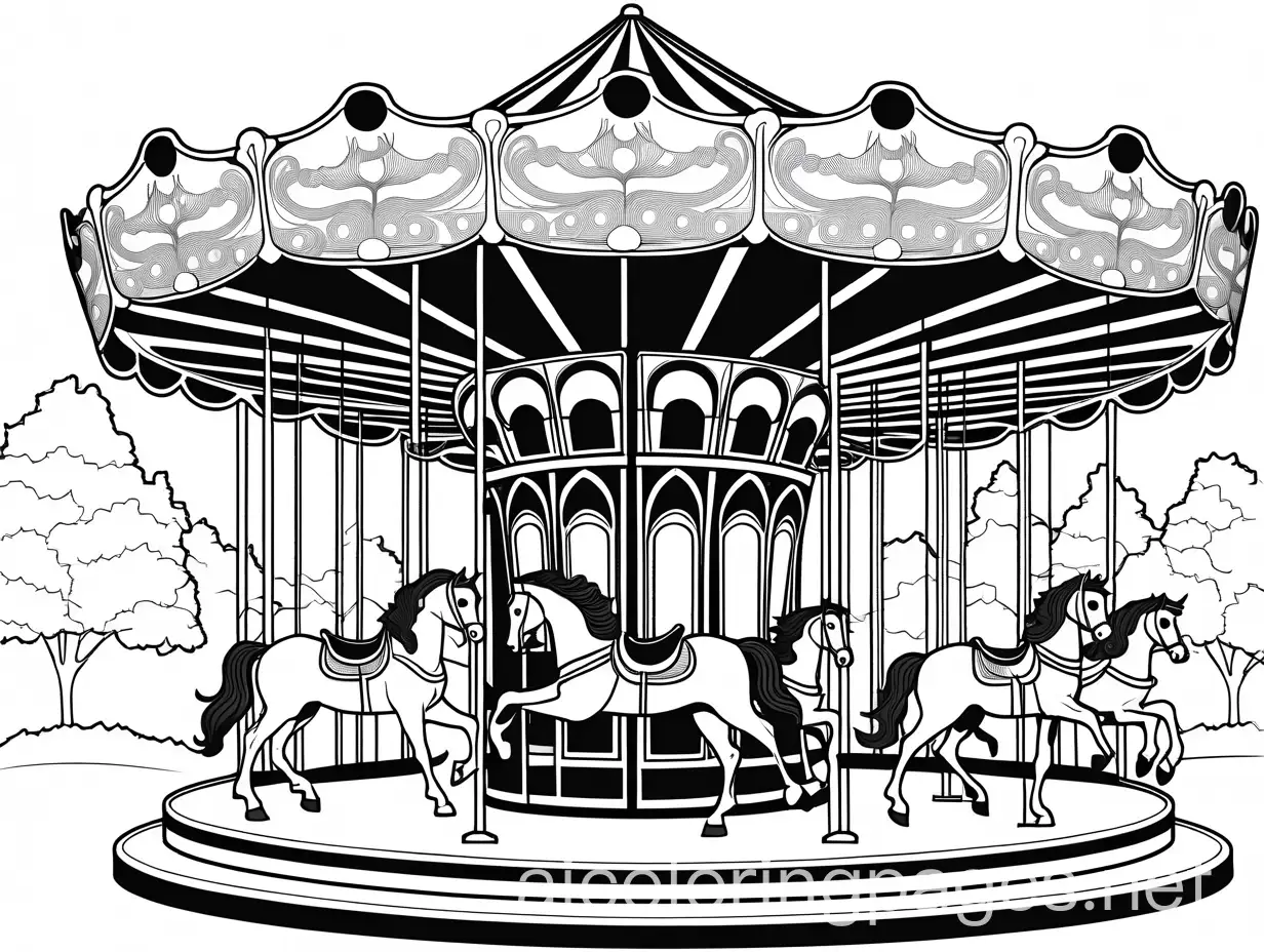 park carousel, Coloring Page, black and white, line art, white background, Simplicity, Ample White Space