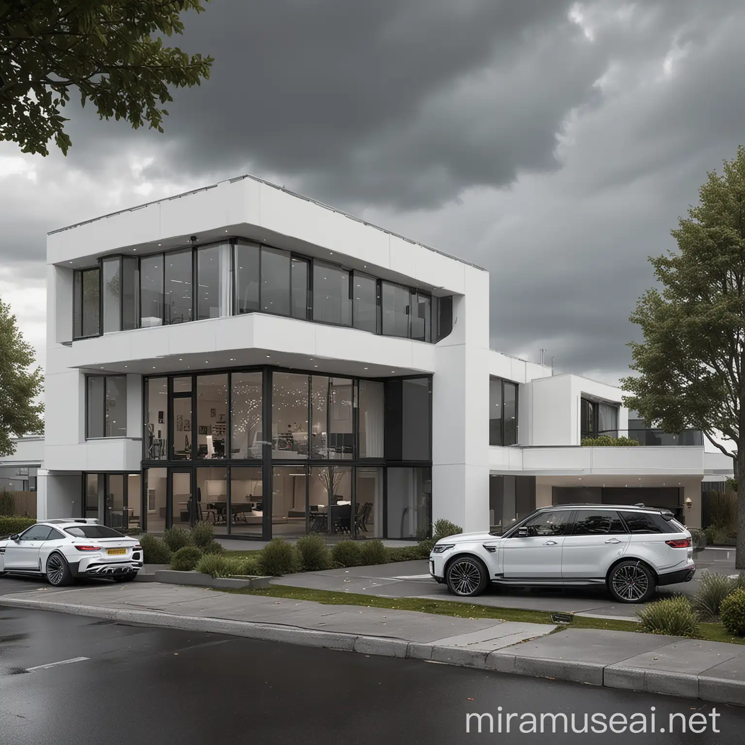 A realistic wide-angle image of a contemporary exterior design of a modular house with display windows, a terrace, a large yard, a parking garage for 2 cars, a Range Rover and a BMW M4, with white and grey colour scheme, a use of laser cut panels, decorative Lighting, with an overcast cloud and trees in a residential environment.