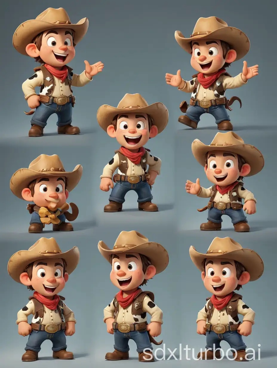 Cow light, cowboy, hat, whole body, cartoon IP character, left view, right view, front view, rear view, happy expression, pose