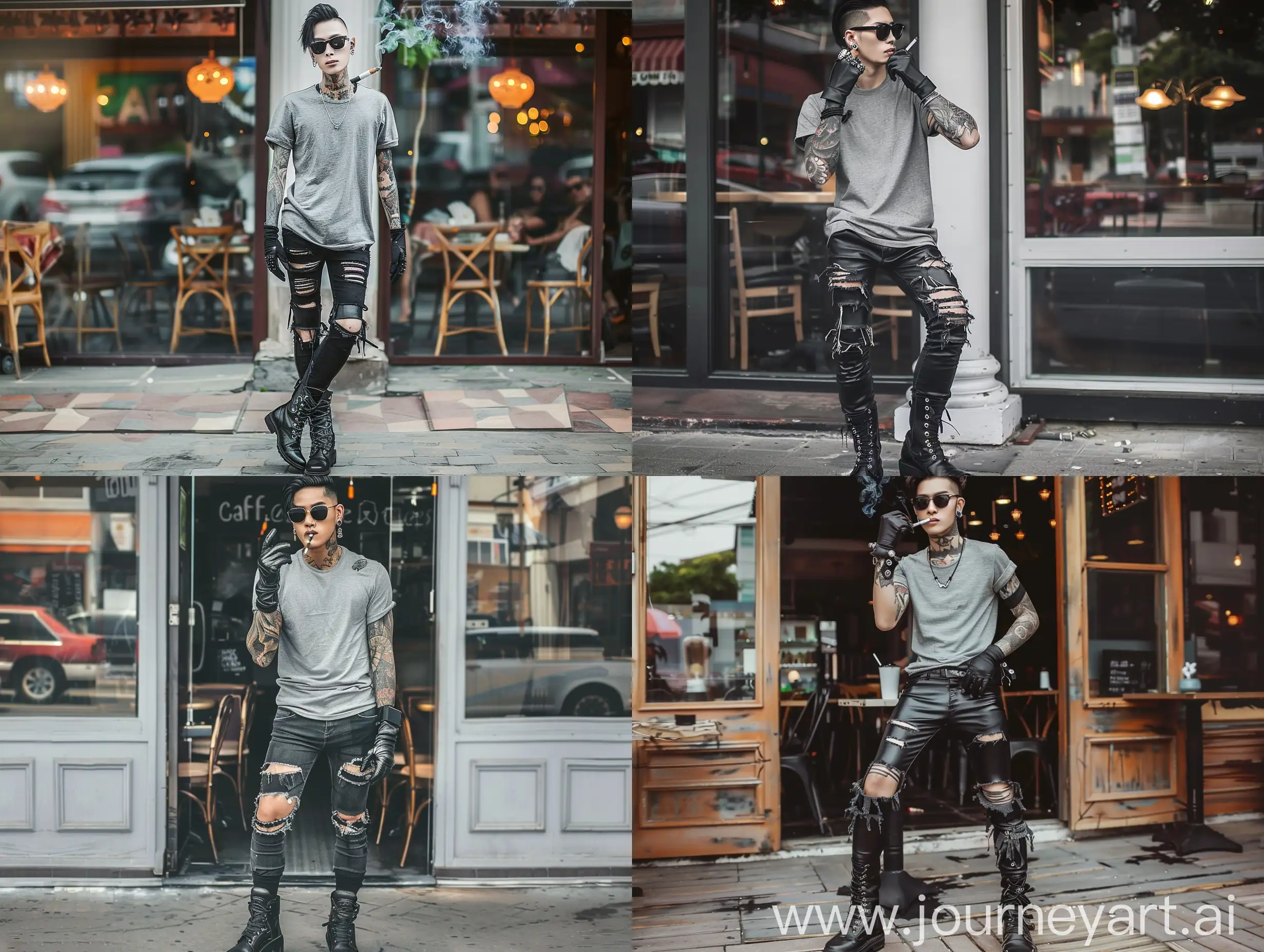 Photorealism, full-body photo of a young fit asian man. Wearing gray t-shirt, black skinny ripped jeans, black leather boots and gloves. Wearing sunglasses, multiple ear piercing and ear stretching. Full body tattooed. Smoking in front of the cafe.