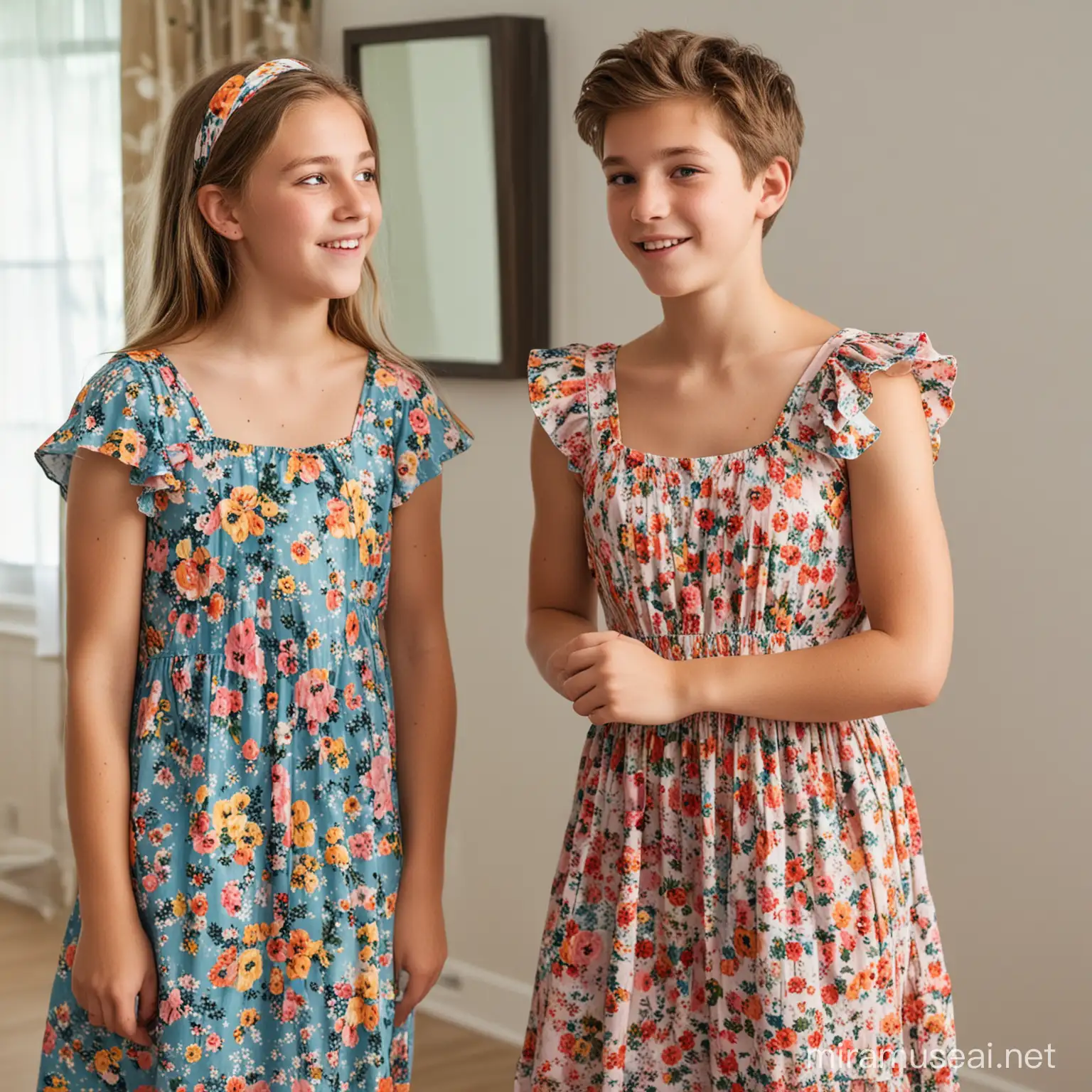 Teenage Boy in Floral Sundress for Older Sisters Birthday Party