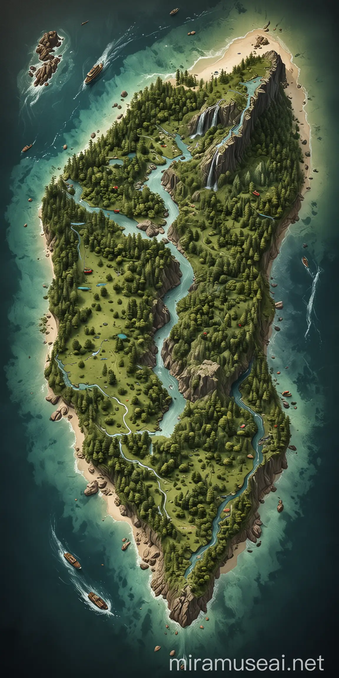 Island Map with Mountain River Rapids and Forests