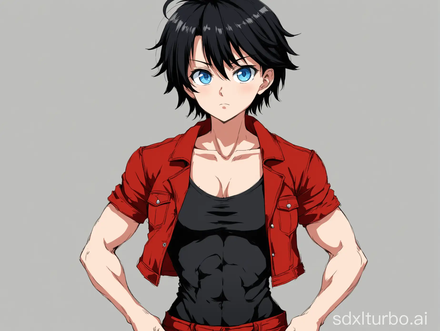 best quality, illustration, 1 girl, only girl, black t-shirt that shows the torso with neckline, blue eyes, short black hair, ahoge, red jeans, good anatomy, best anatomy, red dress jacket, good hands, in anime style, tomboy, a little muscle, white background, anime body
