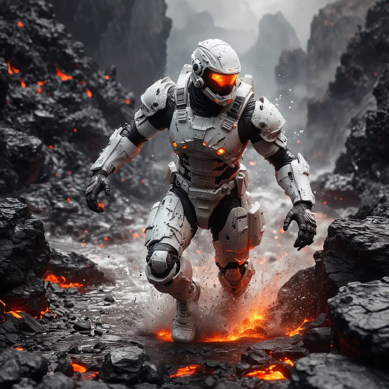 Cosmic Soldier Running Over Lava in Dynamic Pose