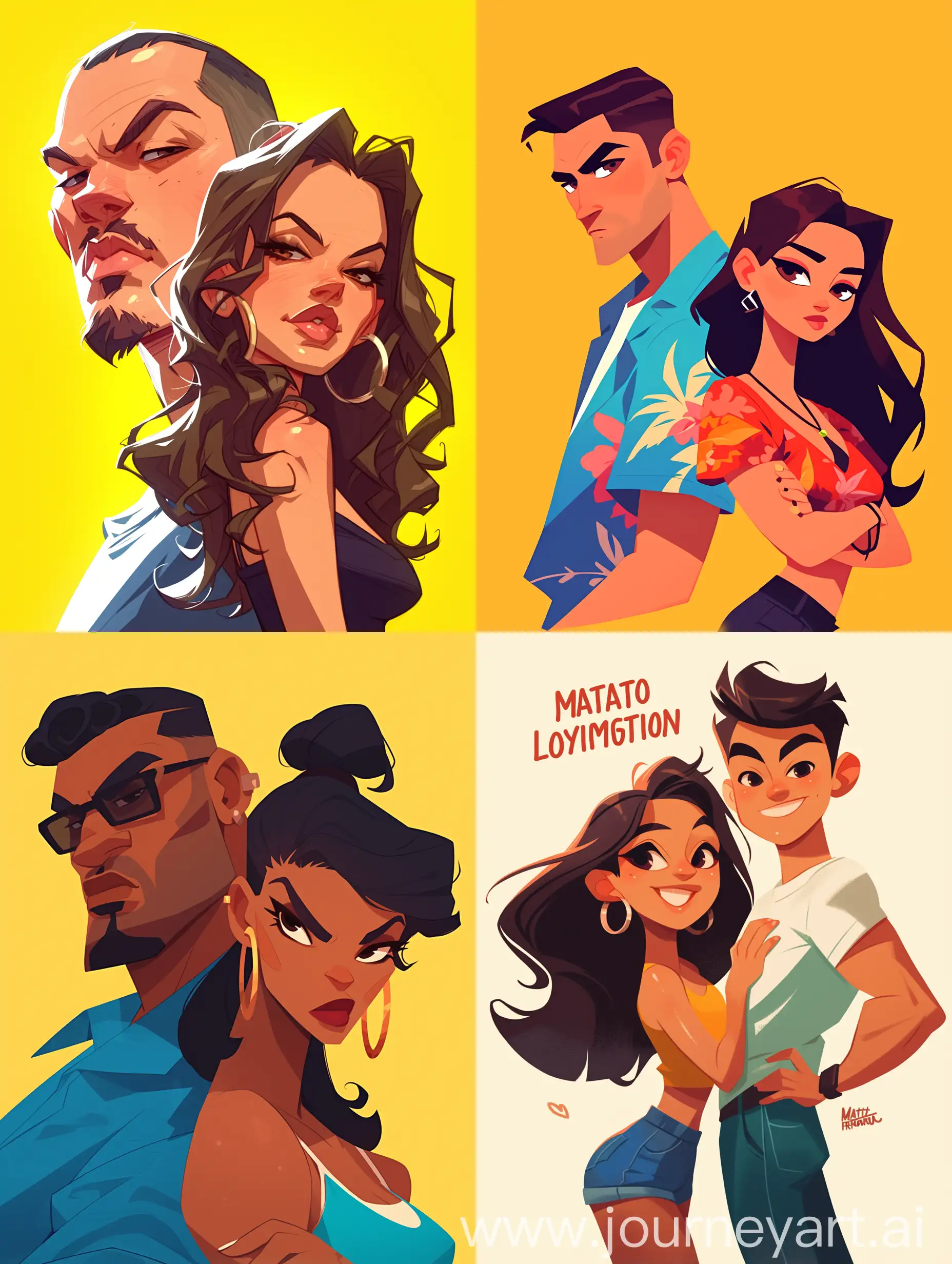 Cartoon caricature latinos young male and female portrait poster, character art by Matt Fraction, simplistic shading, strong lines, heavy bold linework, animated illustration, cartoon/anime/comic/graphic novel inspired --niji 6