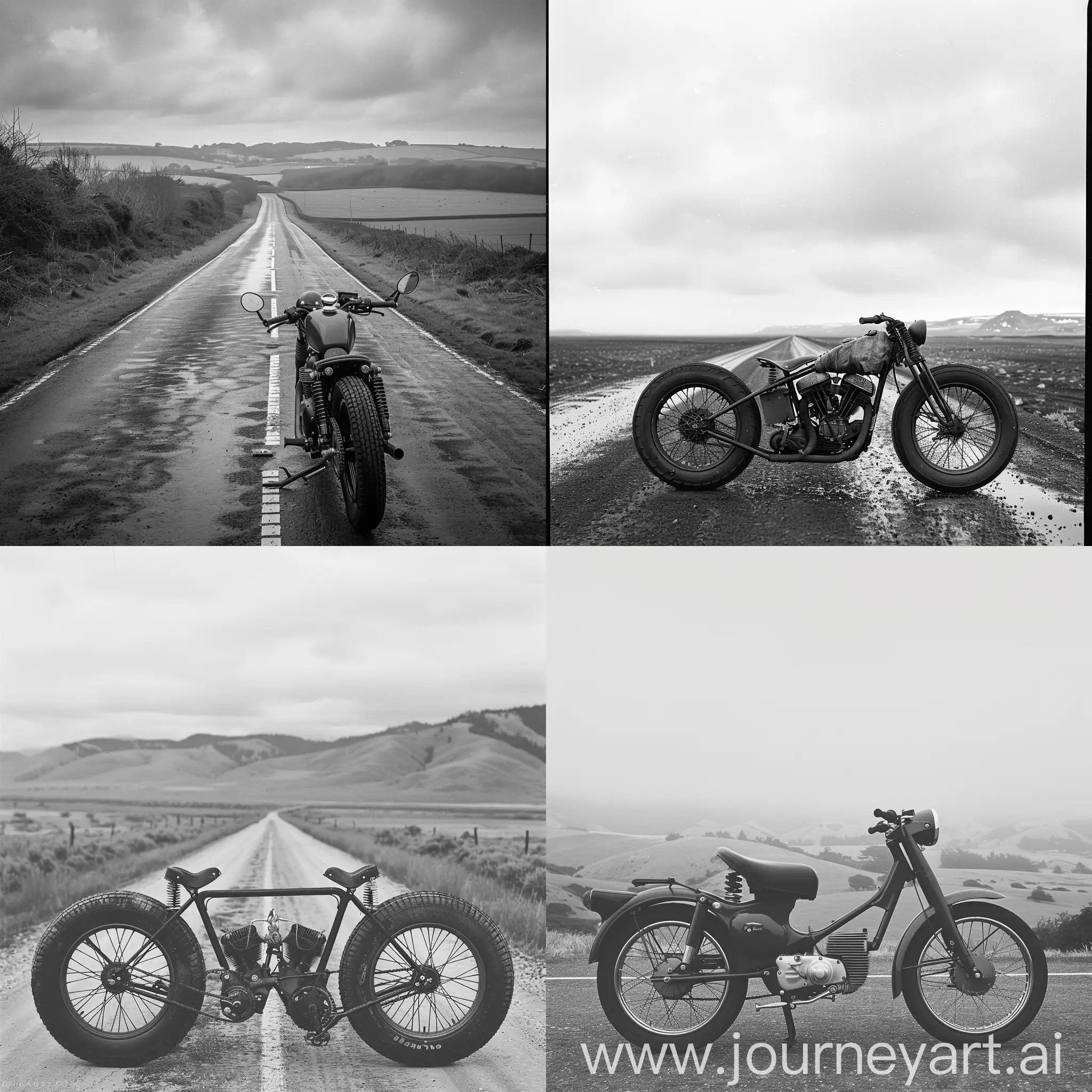 Vintage-Bikes-on-Open-Road-Timeless-Aesthetic-Black-and-White-Photography