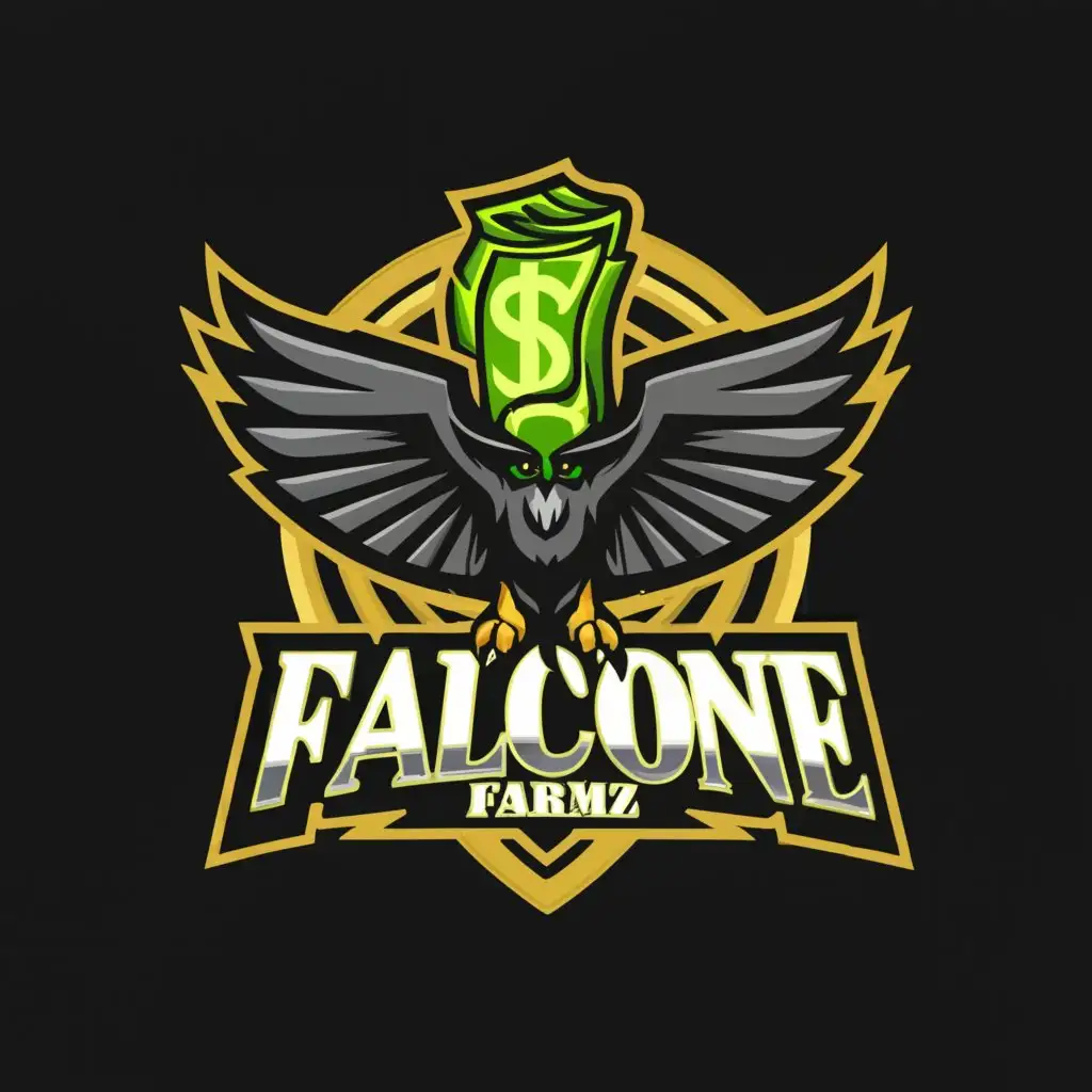 a logo design,with the text "Falcone Farmz", main symbol:Falcon , Money , Mafia , ganja ,Moderate,be used in 0 industry,clear background