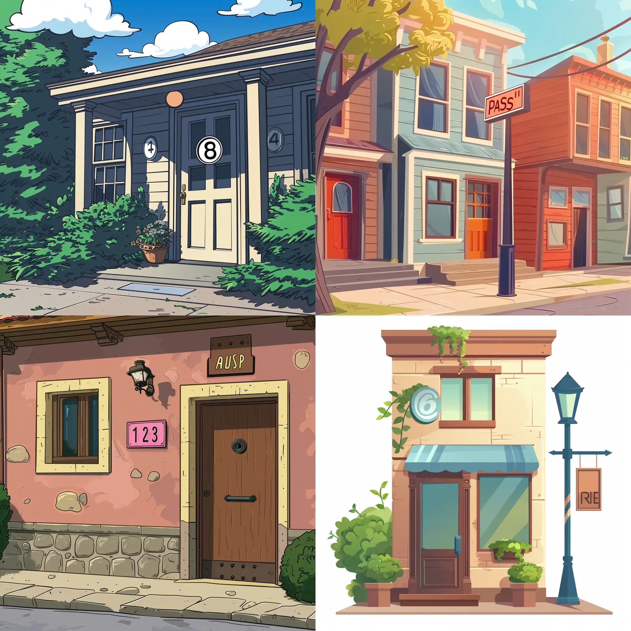 cartoon style, address sign on a building or a house 