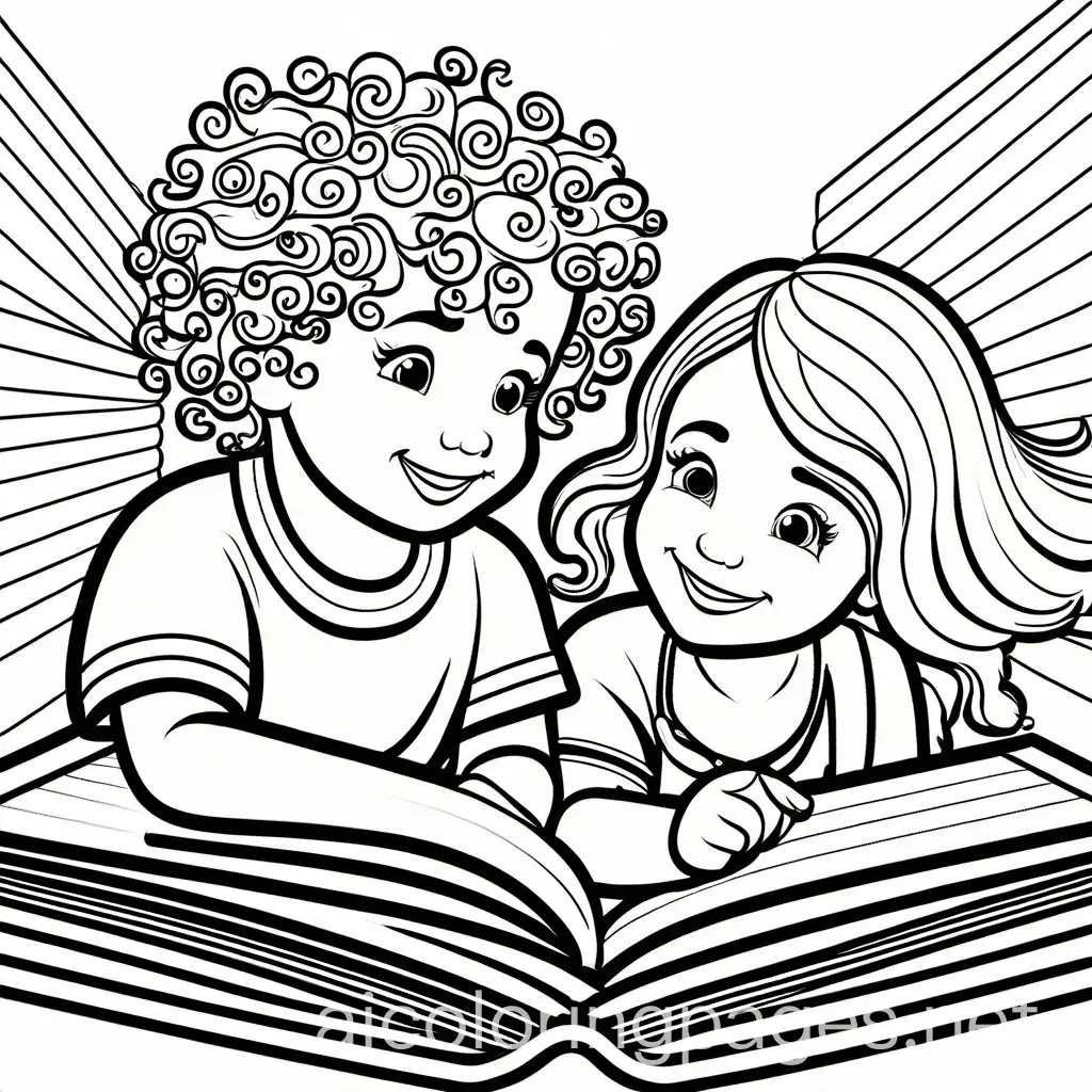 toddler boy with curly hair beside a toddler girl with long straight hair (pulled back) reading a big book
, Coloring Page, black and white, line art, white background, Simplicity, Ample White Space. The background of the coloring page is plain white to make it easy for young children to color within the lines. The outlines of all the subjects are easy to distinguish, making it simple for kids to color without too much difficulty