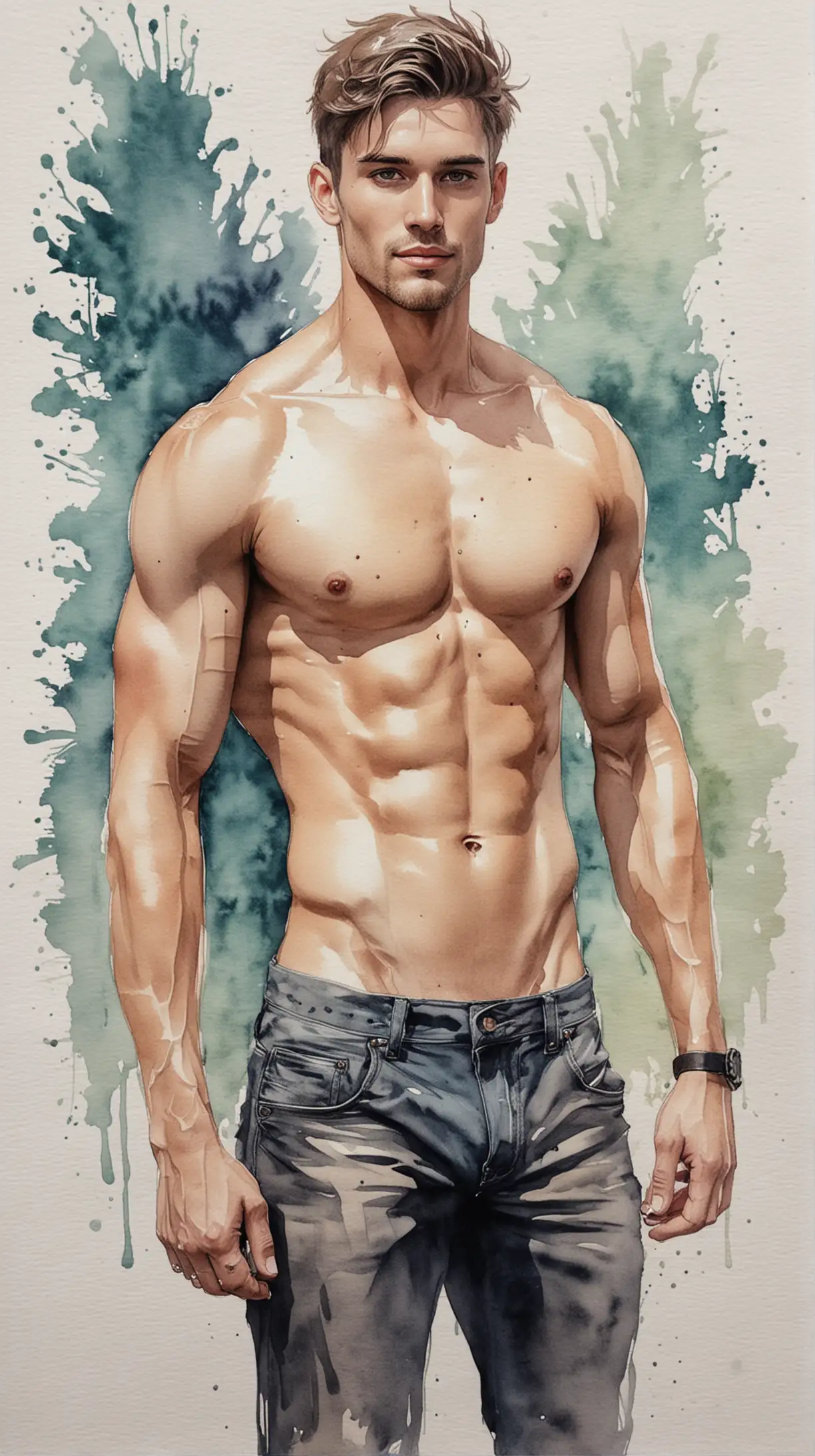 Encounter with the Ideal Self Handsome Male Portrait in Watercolor and Strong Inks