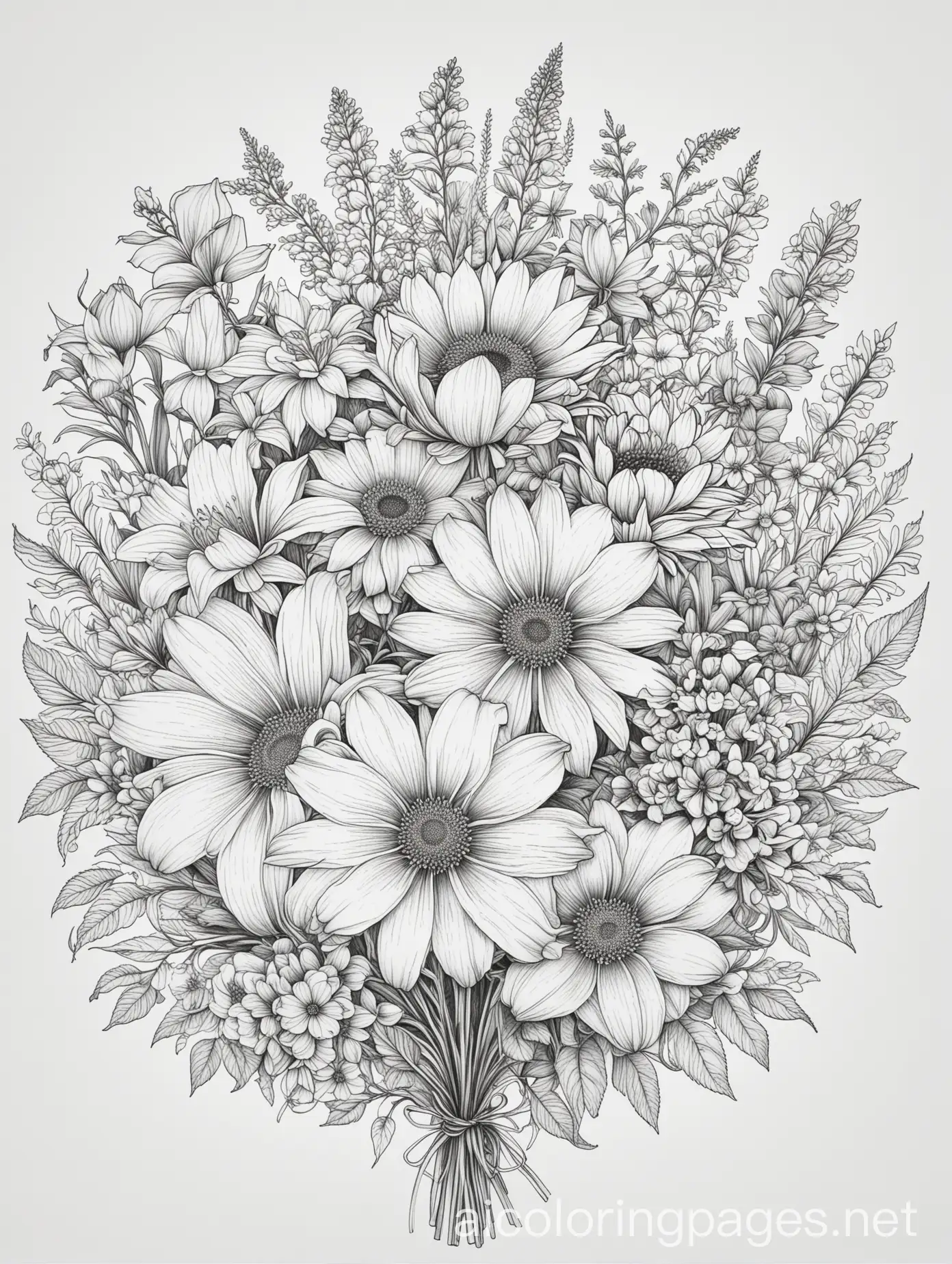 beautiful bouquet of diverse flowers, Coloring Page, black and white, line art, white background, Simplicity, Ample White Space