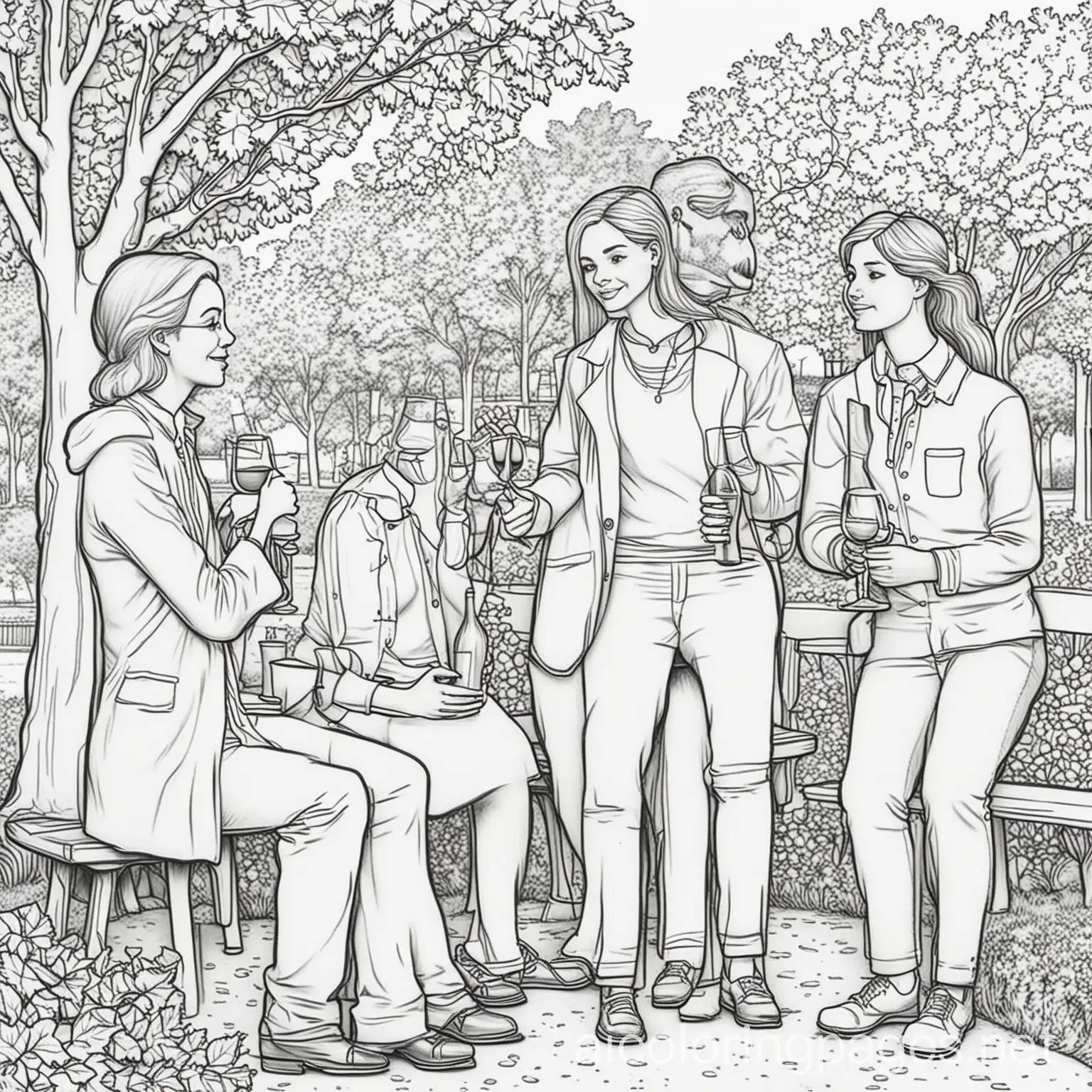 People-Drinking-Wine-in-Park-Coloring-Page