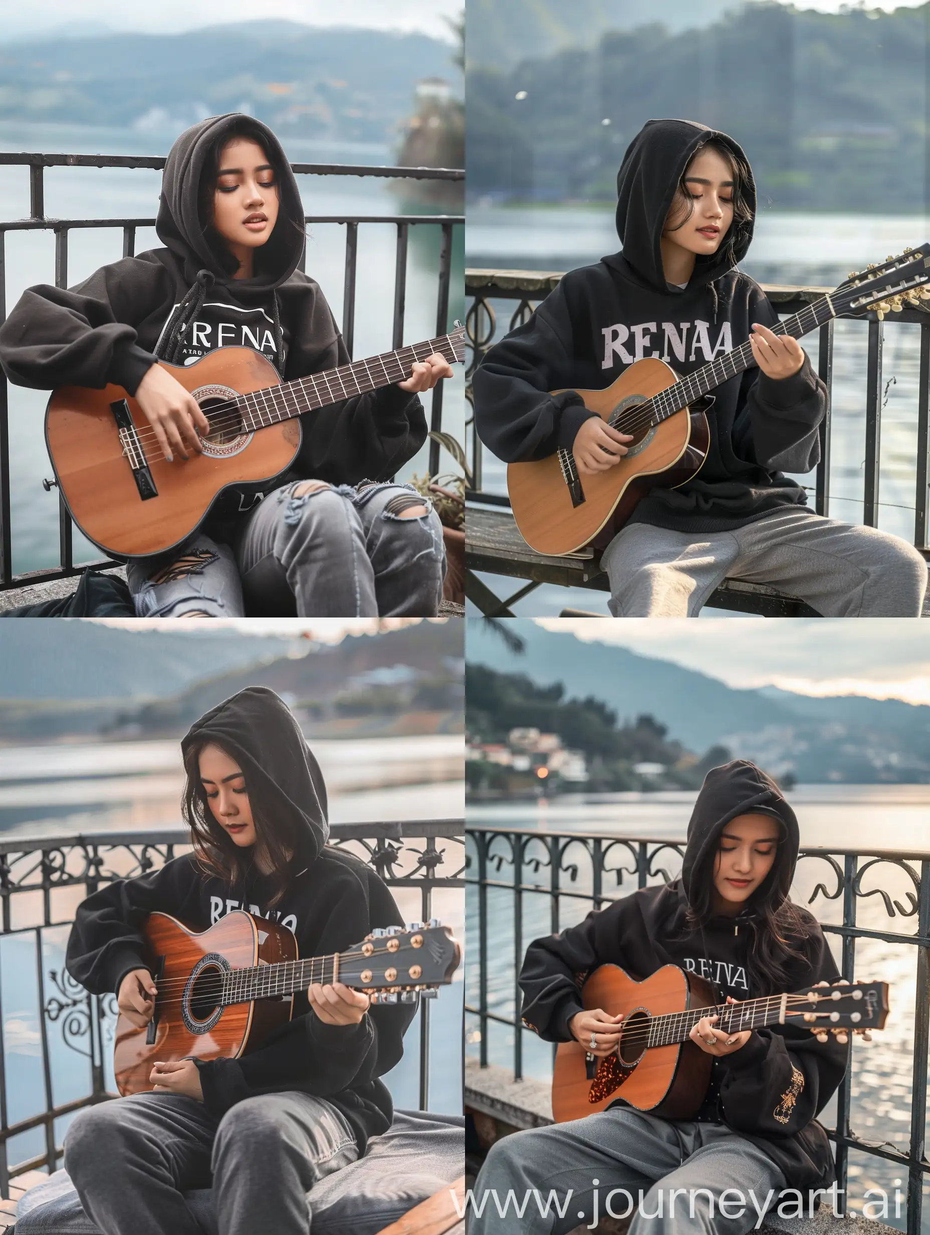 Young-Indonesian-Woman-Playing-Guitar-on-Terrace-by-Lake