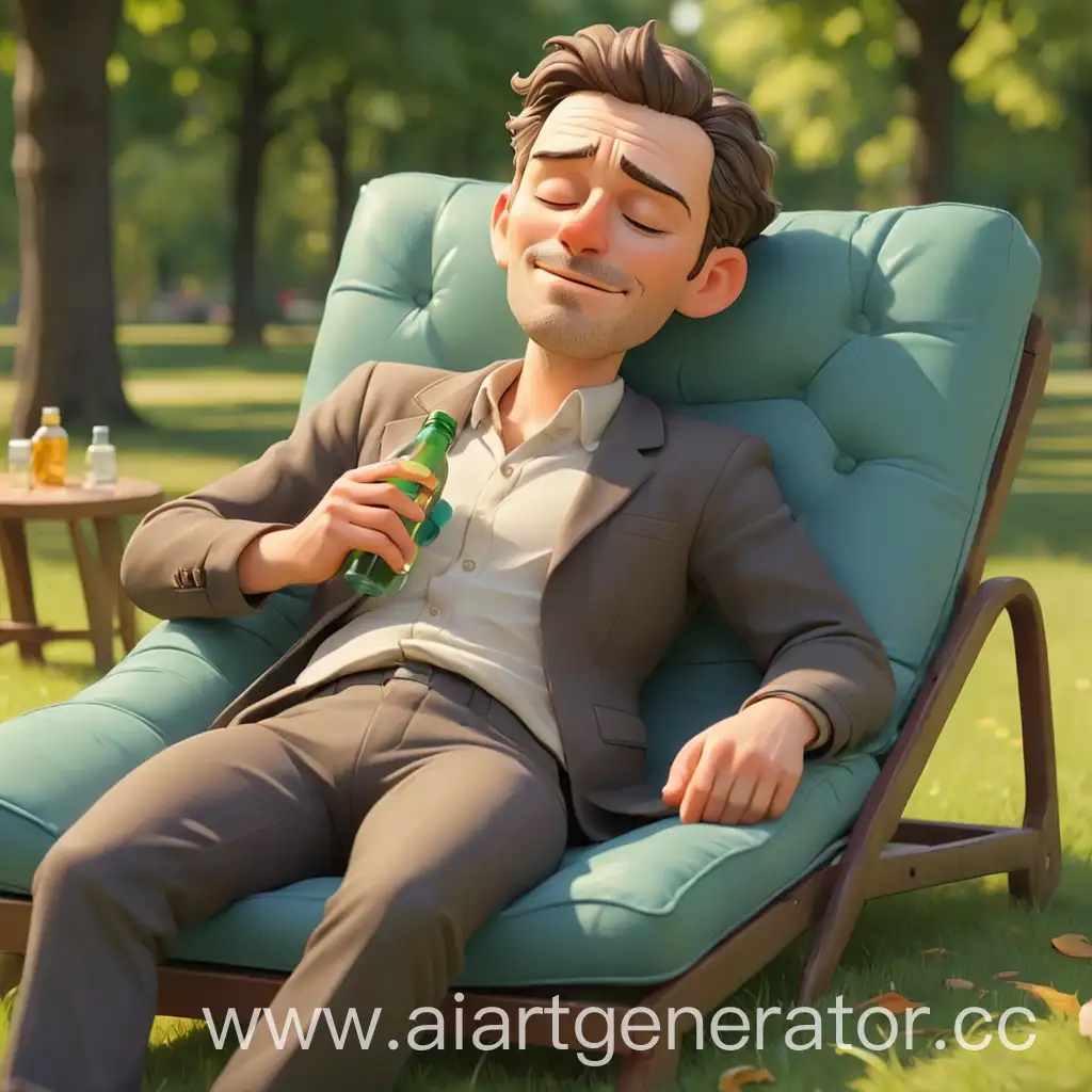мультяшный мужчина в парке отдыхает на шезлонге с закрытыми глазами и держит в руке бутылку